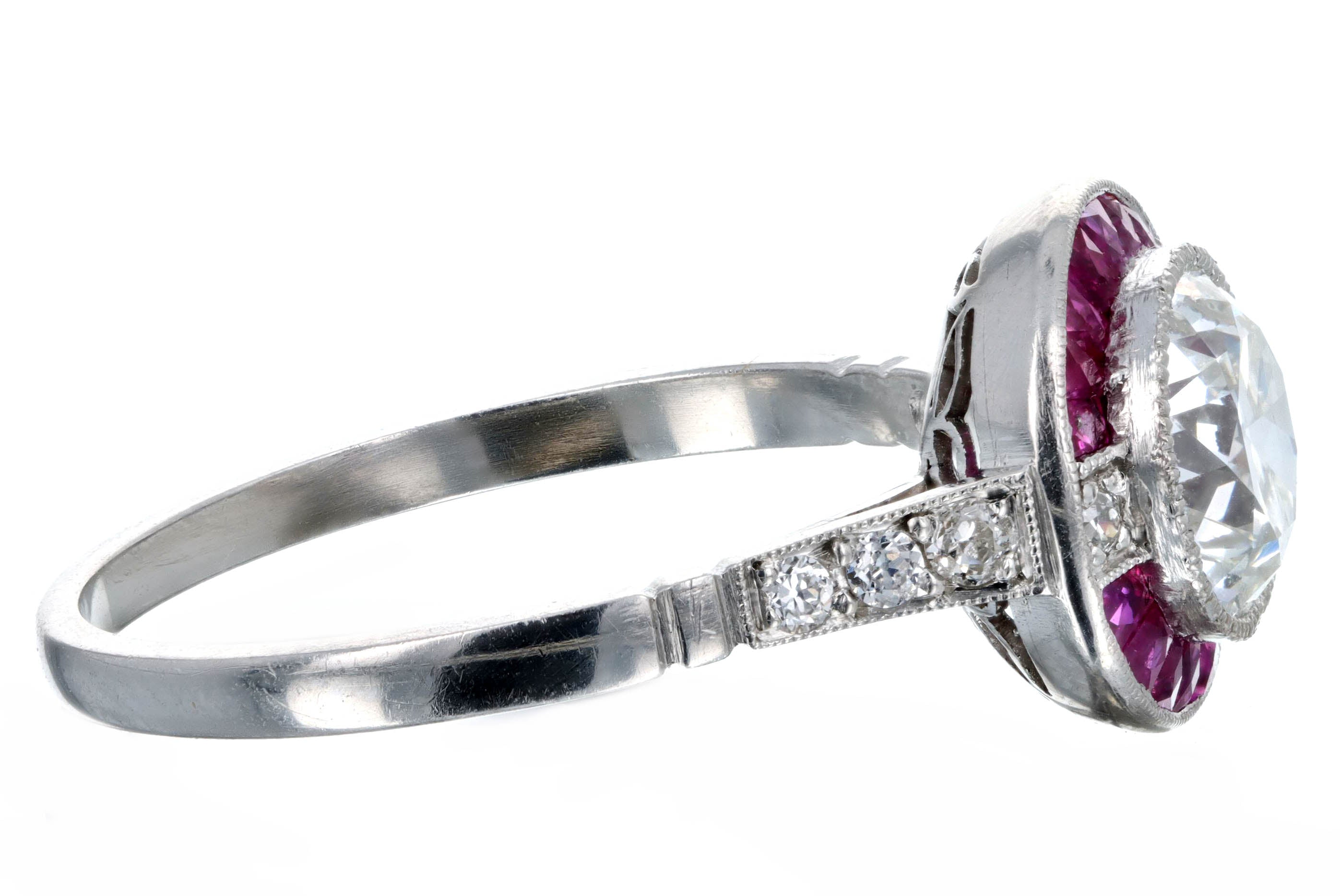 Art Deco Inspired Platinum 1.29 Carat Old European Cut Diamond Ruby Halo Engagement Ring GIA Certified - Queen May