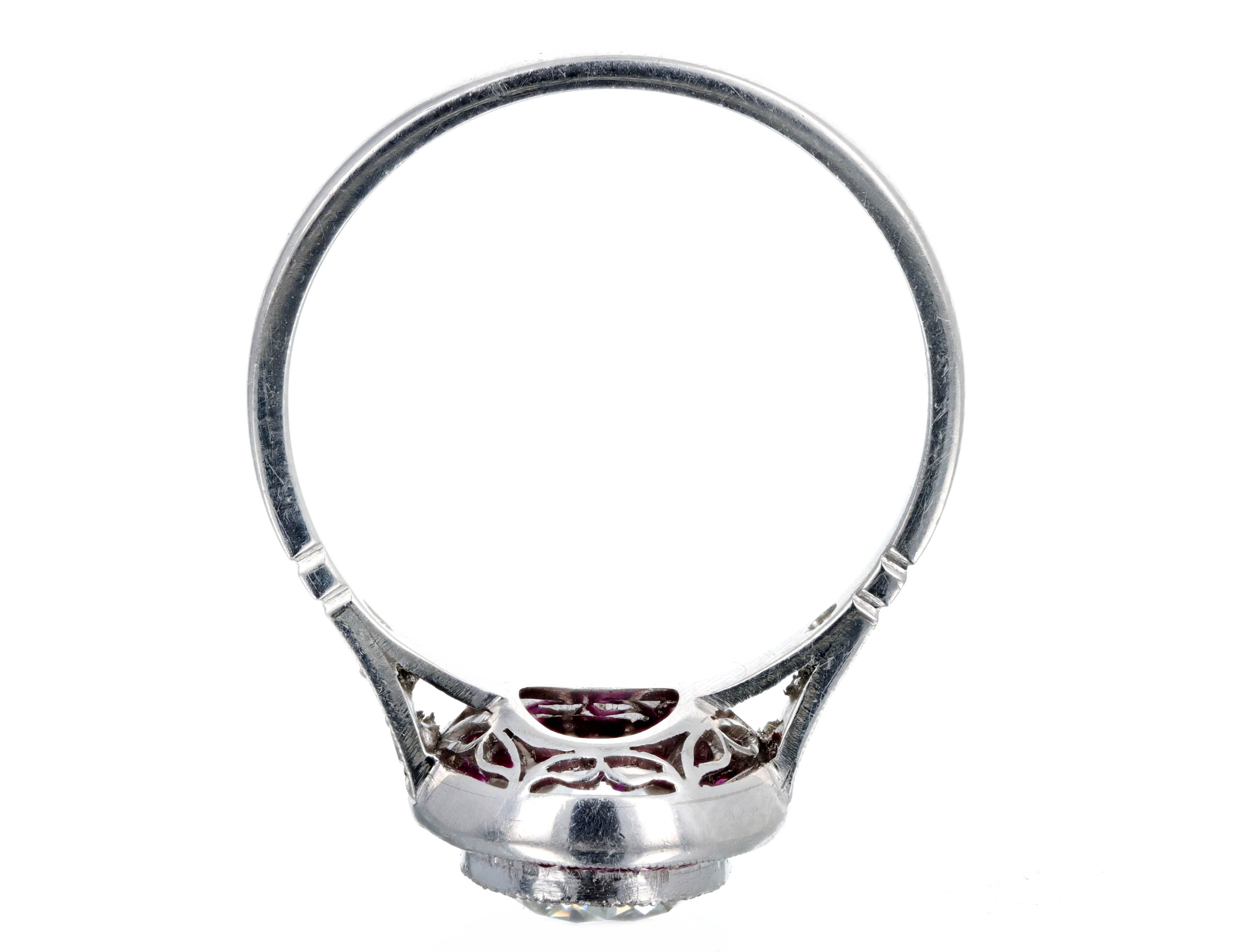 Art Deco Inspired Platinum 1.29 Carat Old European Cut Diamond Ruby Halo Engagement Ring GIA Certified - Queen May
