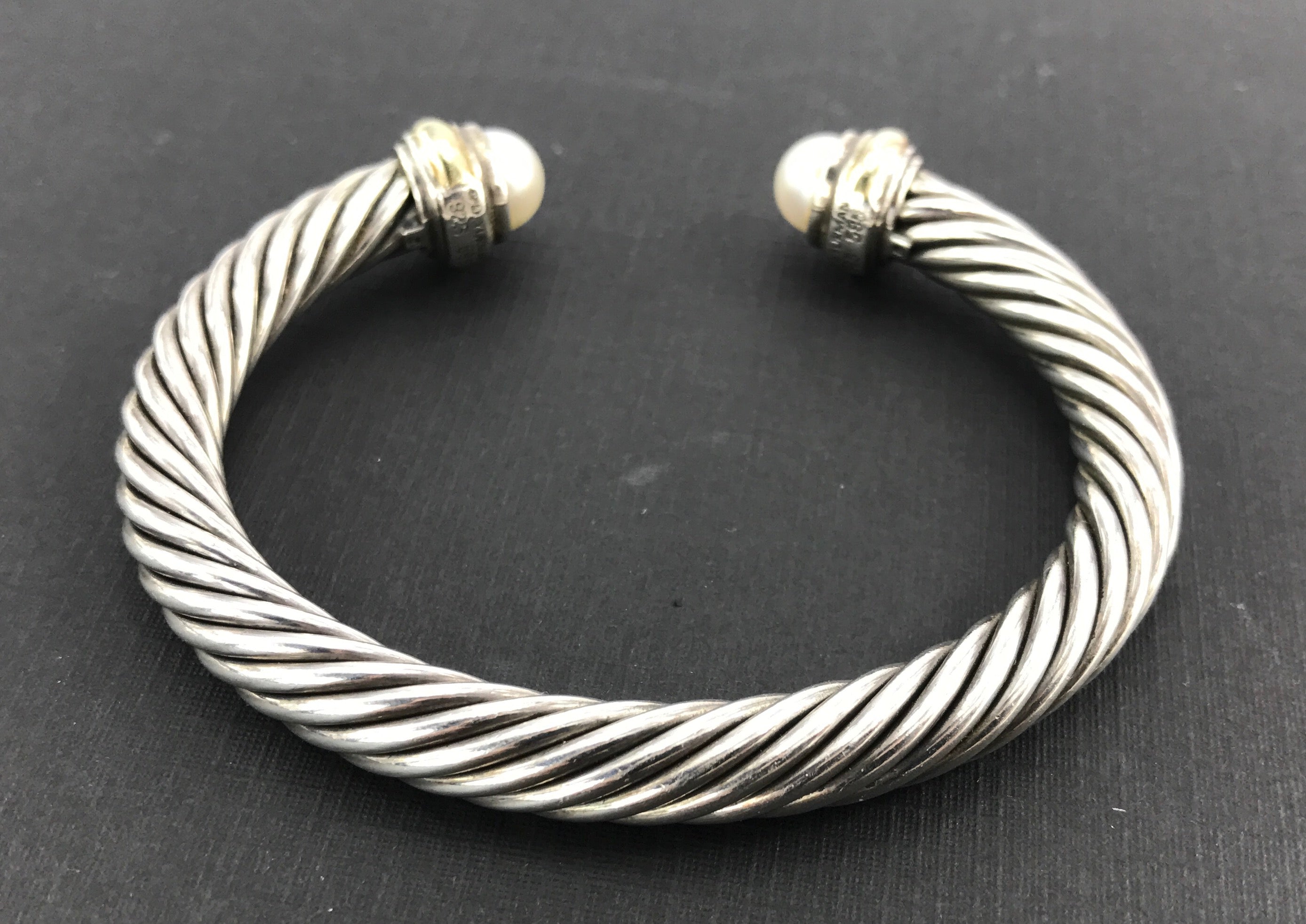 David Yurman Sterling Silver 14K Gold Pearl Classic 7mm Cable Cuff Bracelet - Queen May