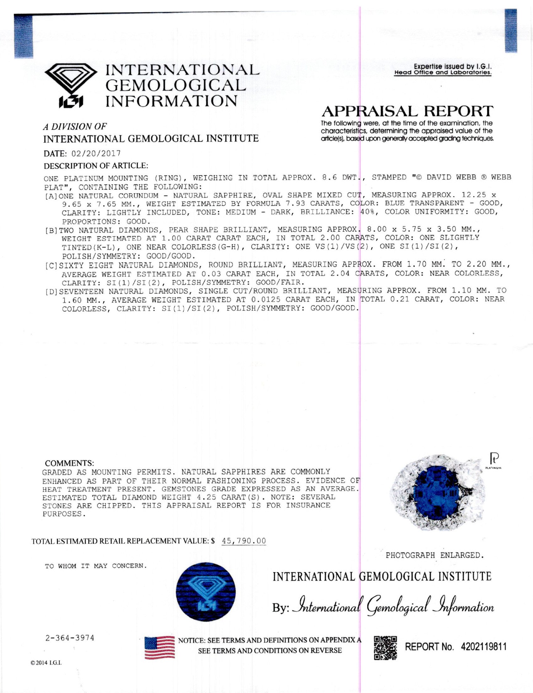 David Webb 7.93ct Sapphire & 4.25 Carat Diamond Platinum Ring - Queen May