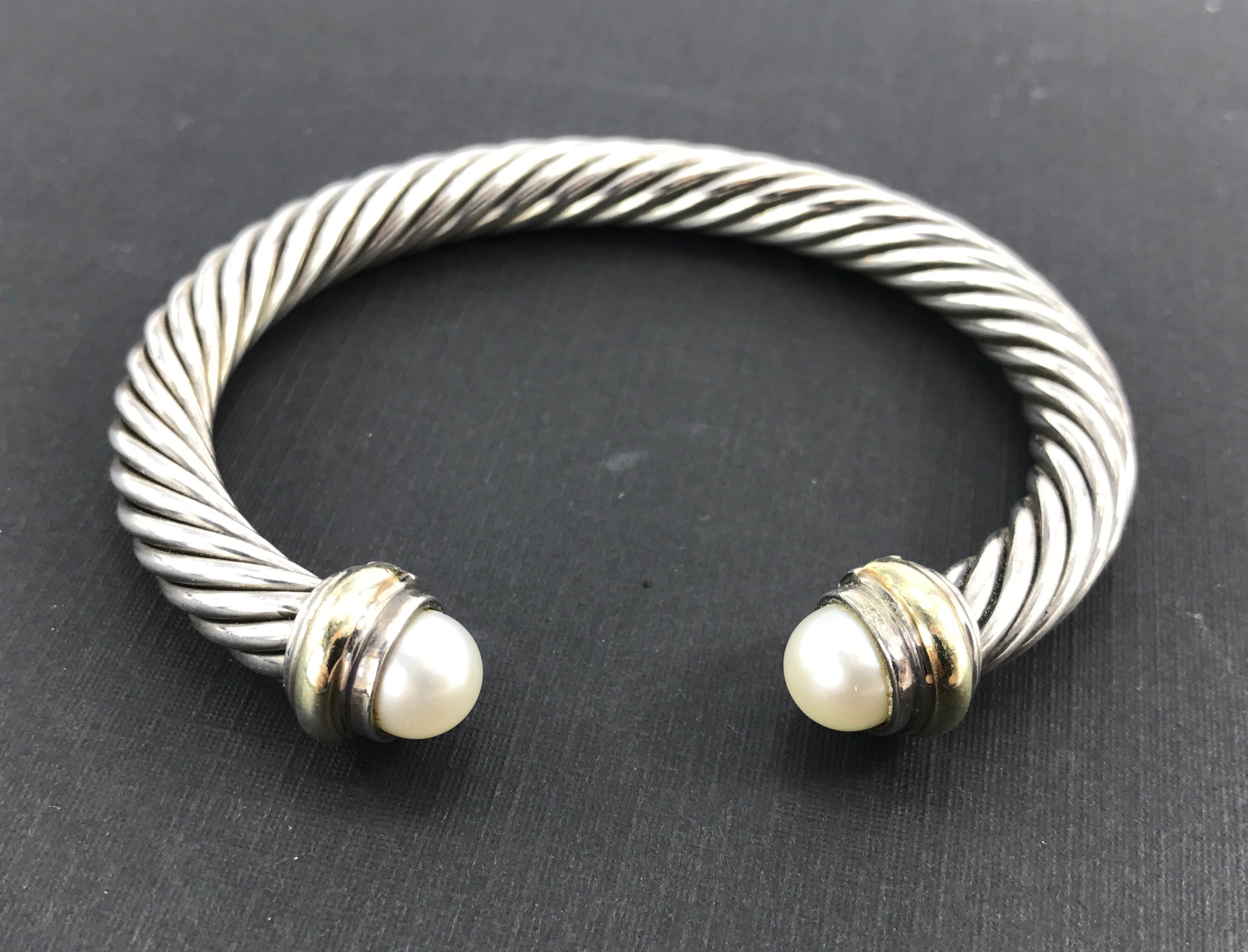 David Yurman Sterling Silver 14K Gold Pearl Classic 7mm Cable Cuff Bracelet - Queen May
