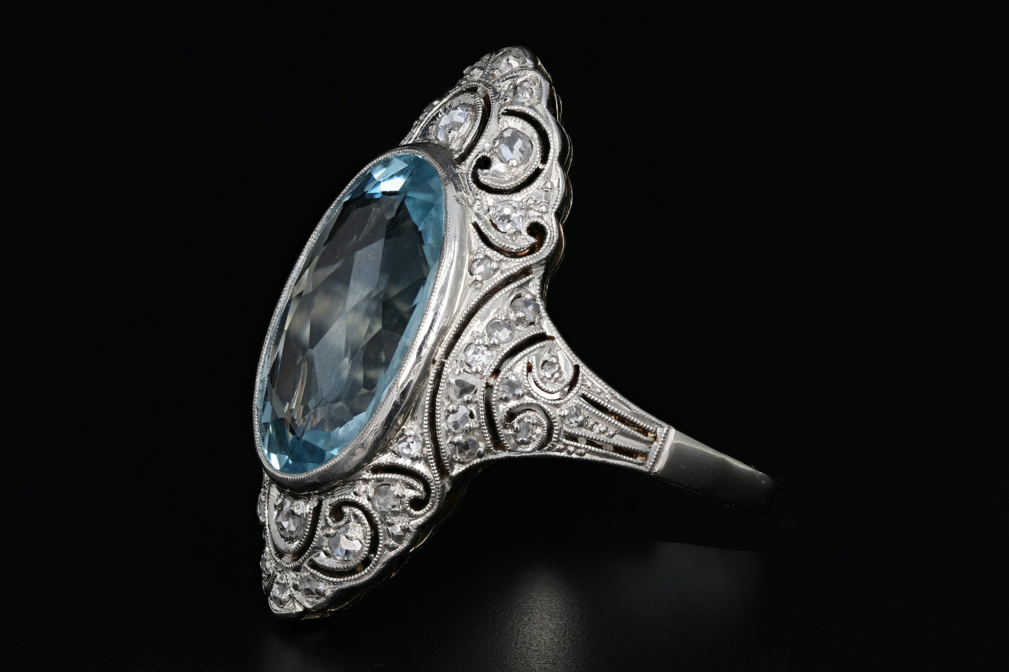 Art Deco Platinum 5.6 CT Aquamarine and Single Cut Diamond Ring - Queen May