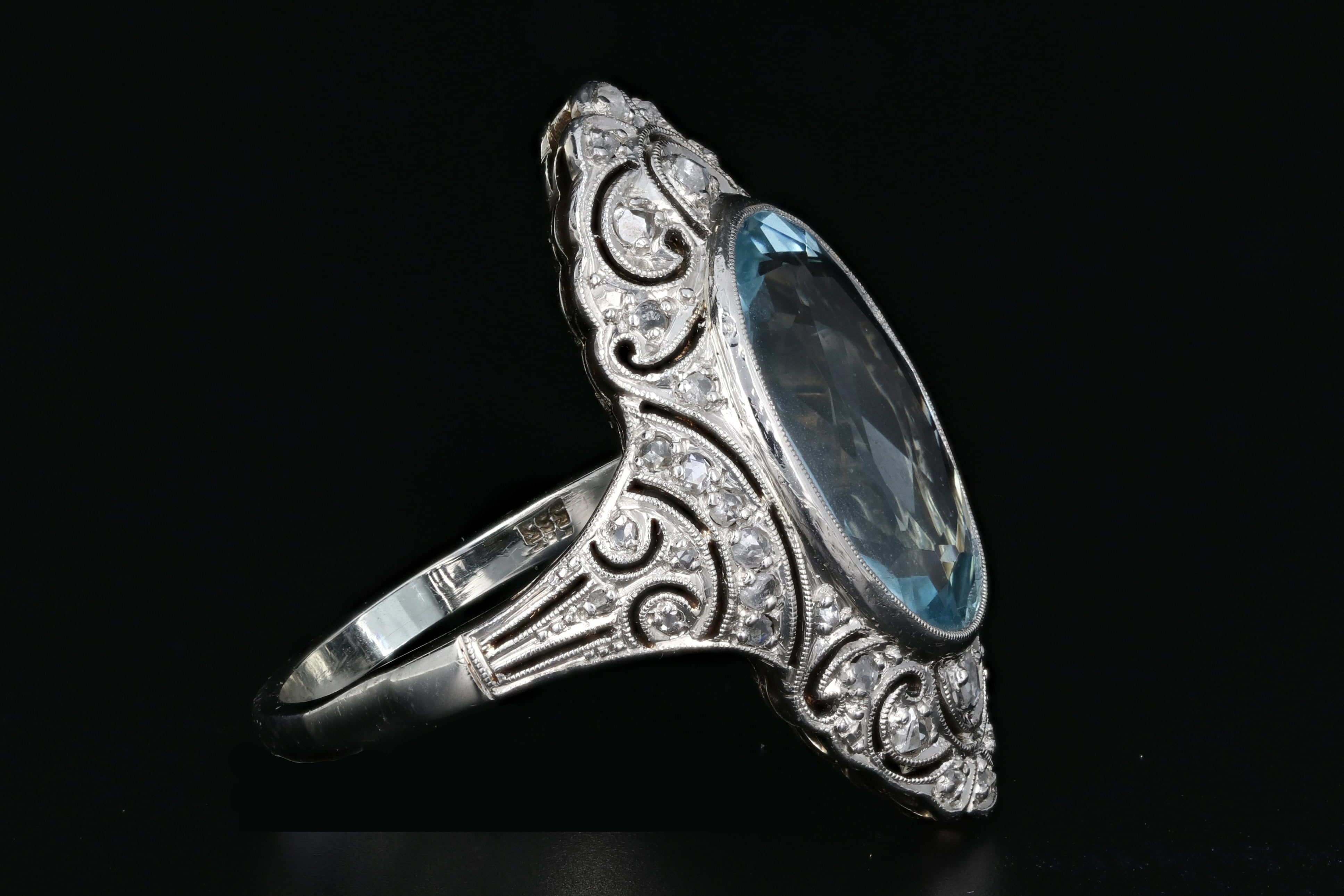Art Deco Platinum 5.6 CT Aquamarine and Single Cut Diamond Ring - Queen May
