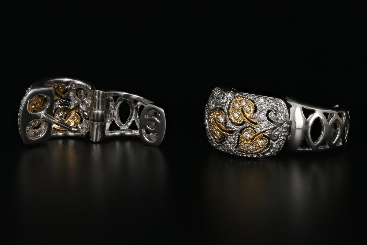 18K Yellow & White Gold Leaf Design Diamond Huggie Hoop Earrings - Queen May