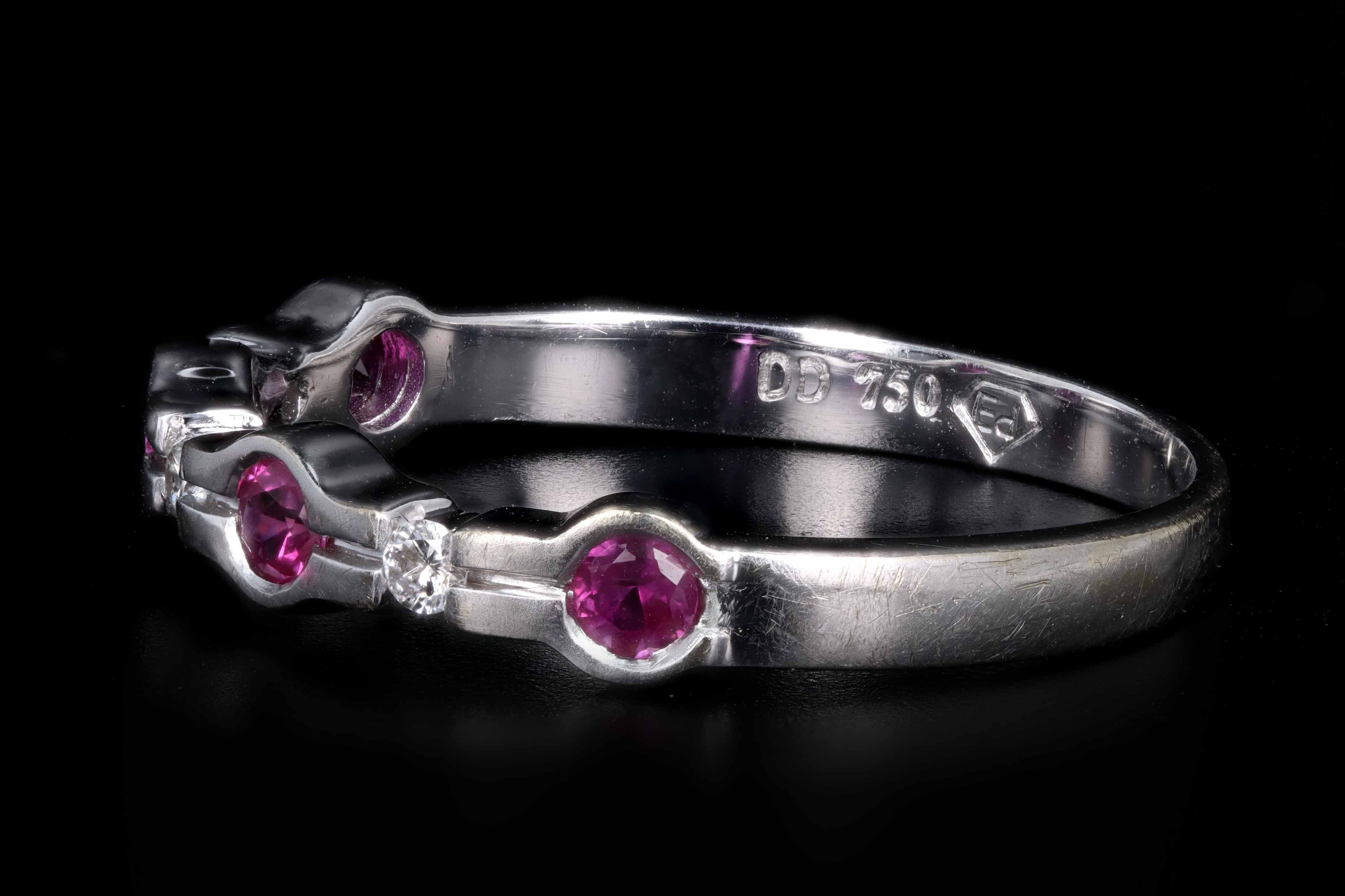 Modern 18K White Gold .20 Carat Round Natural Ruby and Round Brilliant Cut Diamond Band - Queen May