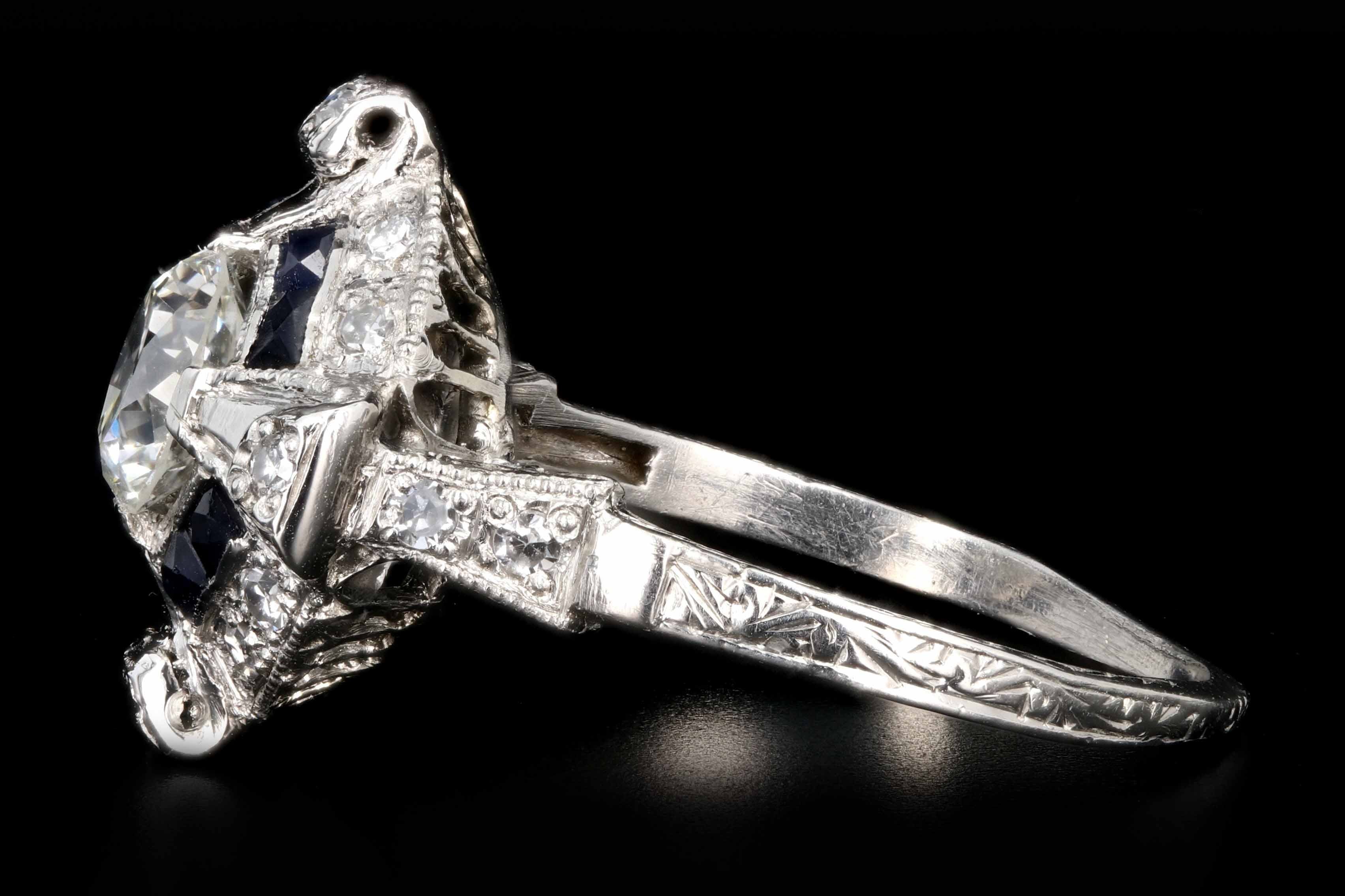 Art Deco Platinum .76 CTR Old European Cut Diamond and Sapphire Engagement Ring - Queen May