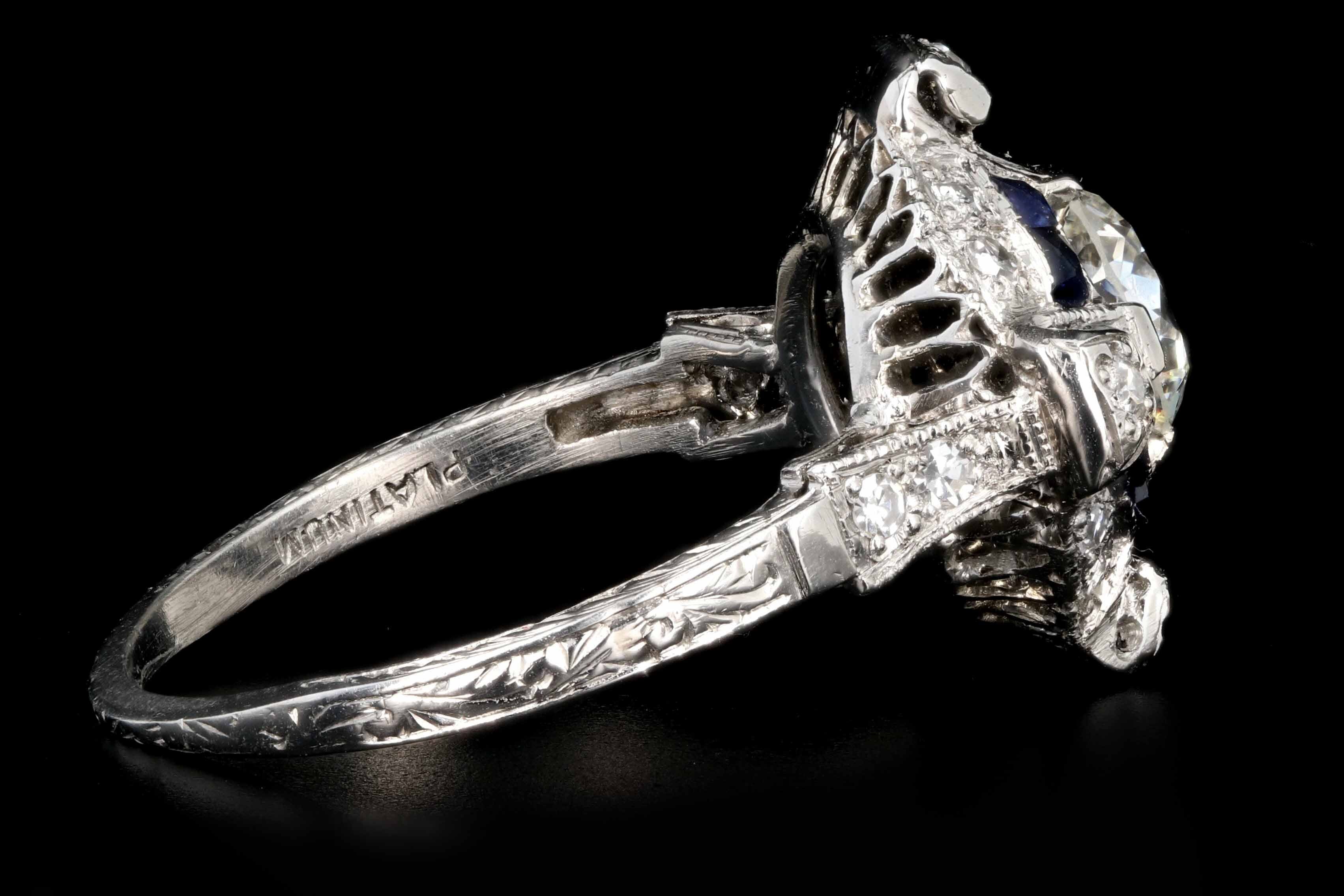 Art Deco Platinum .76 CTR Old European Cut Diamond and Sapphire Engagement Ring - Queen May