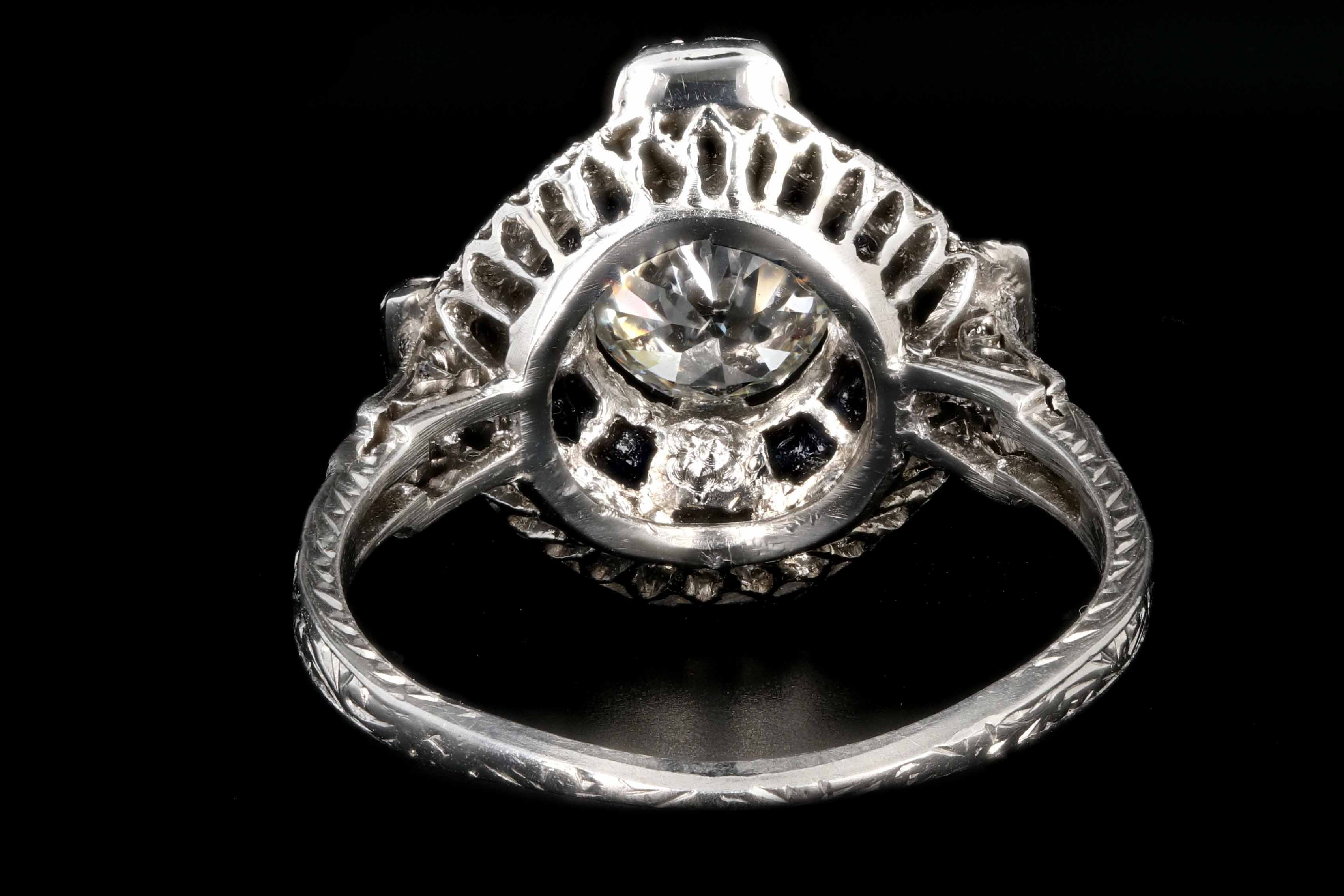 Art Deco Platinum .76 CTR Old European Cut Diamond and Sapphire Engagement Ring - Queen May