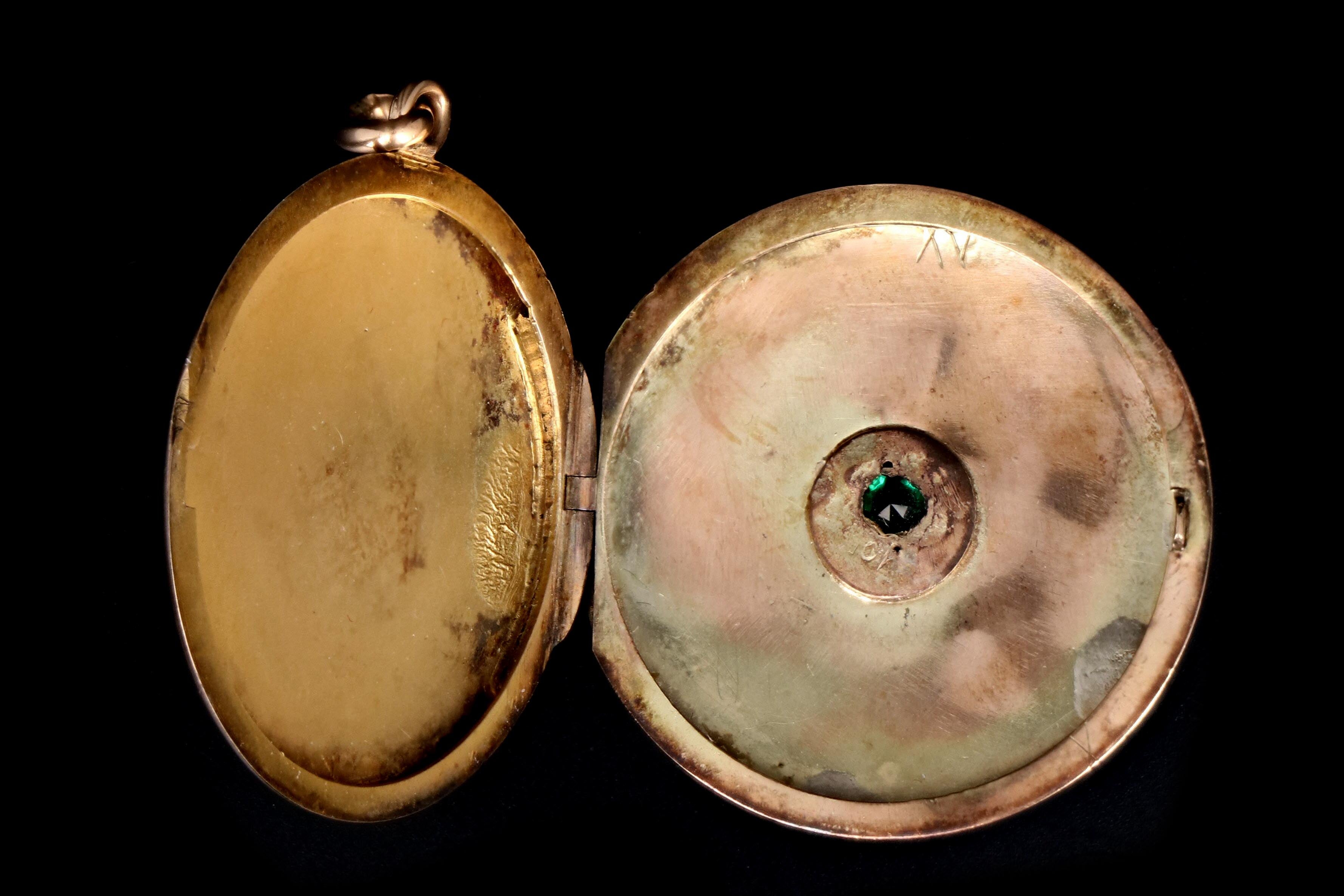 Victorian 10K Rose Gold Green Glass Locket - Queen May