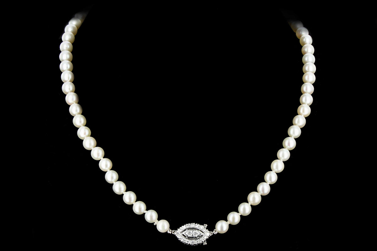 Modern 14K White Gold 6.8-9.70mm Cultured Japanese Akoya Pearl and Diamond Necklace - Queen May