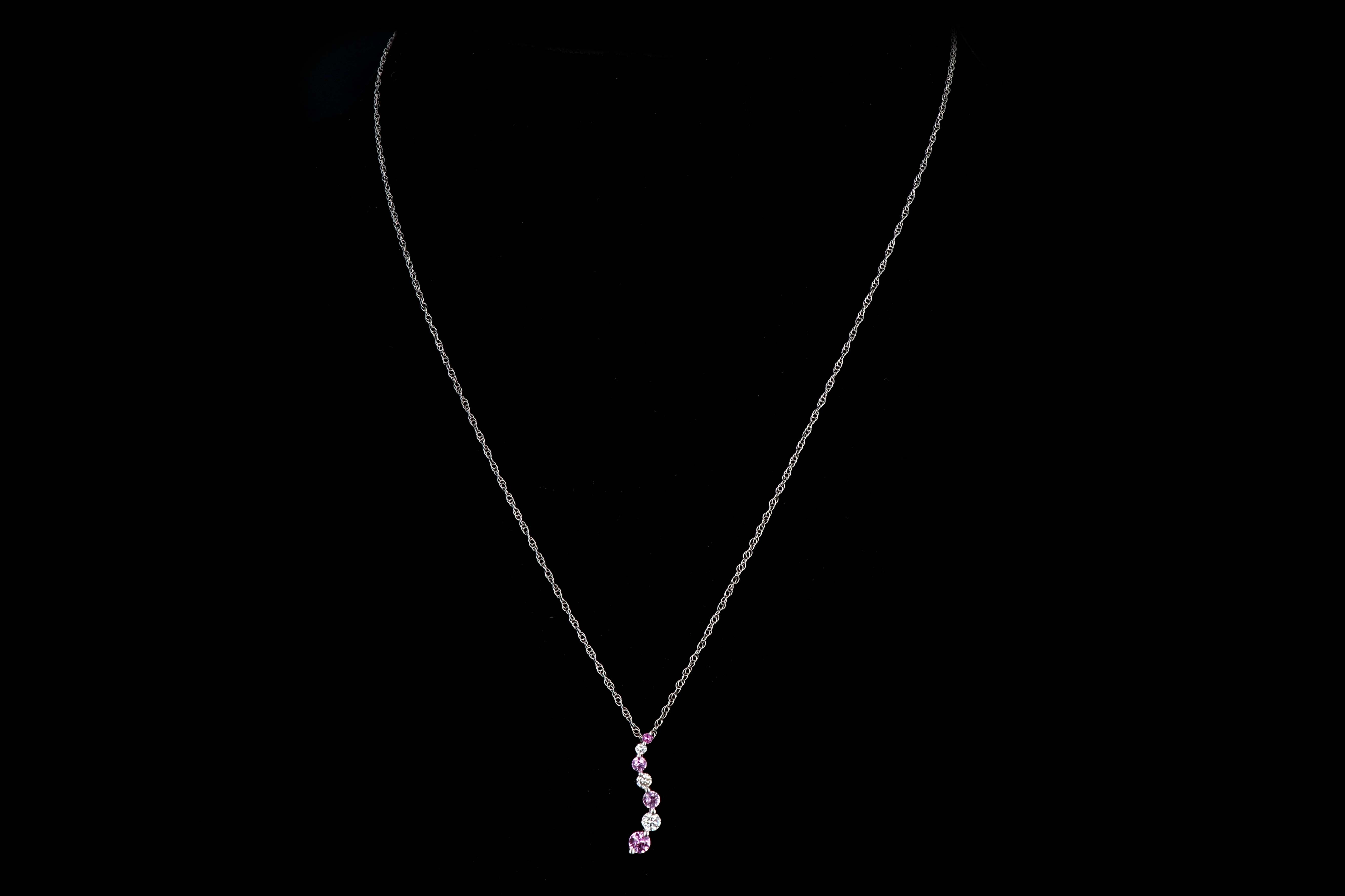 Modern 14K White Gold .20 CTW Diamond and .35 CTW Pink Sapphire Pendant Necklace - Queen May