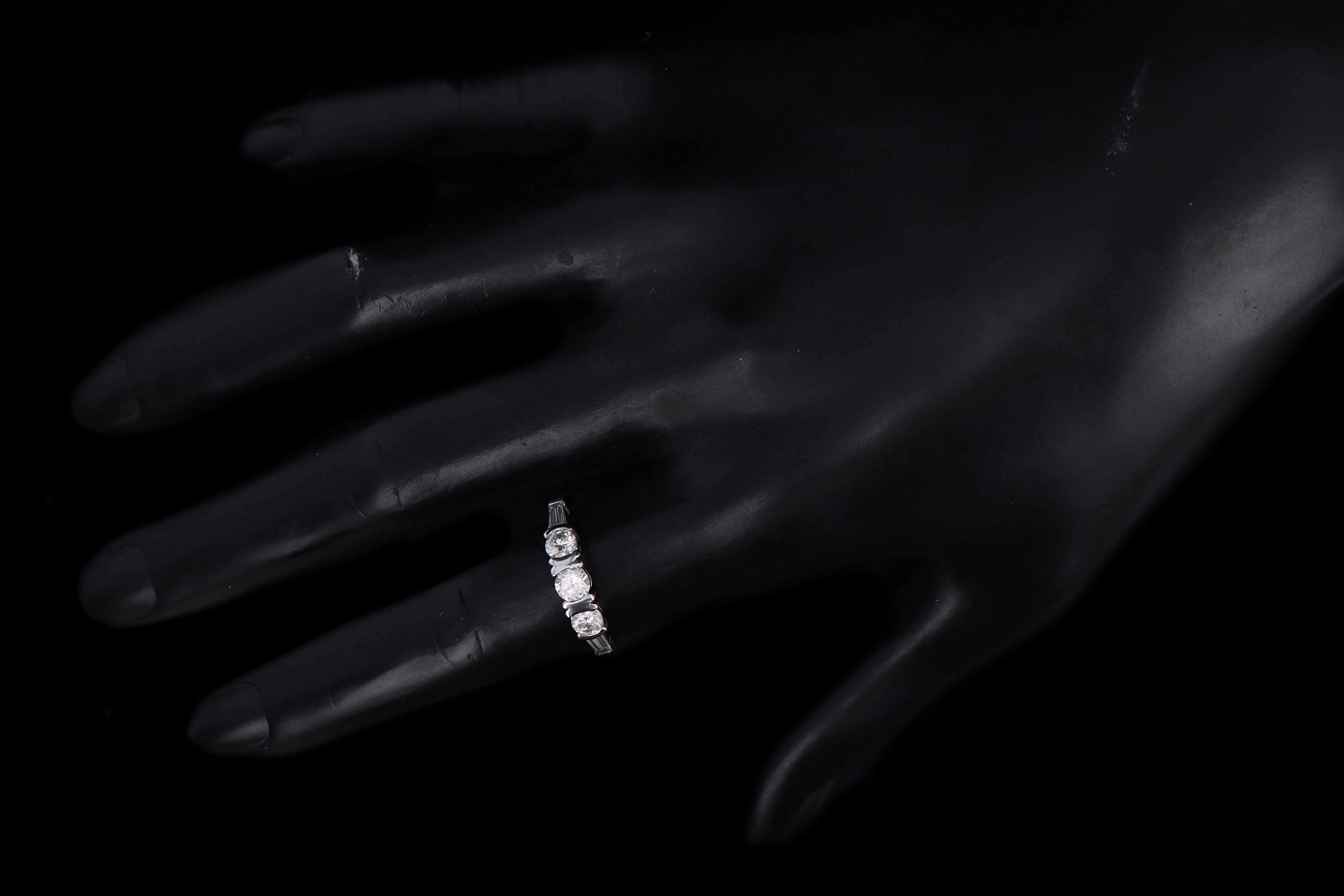 14K White Gold .75 CTW Round Brilliant and Tapered Baguette Cut Diamond Ring - Queen May