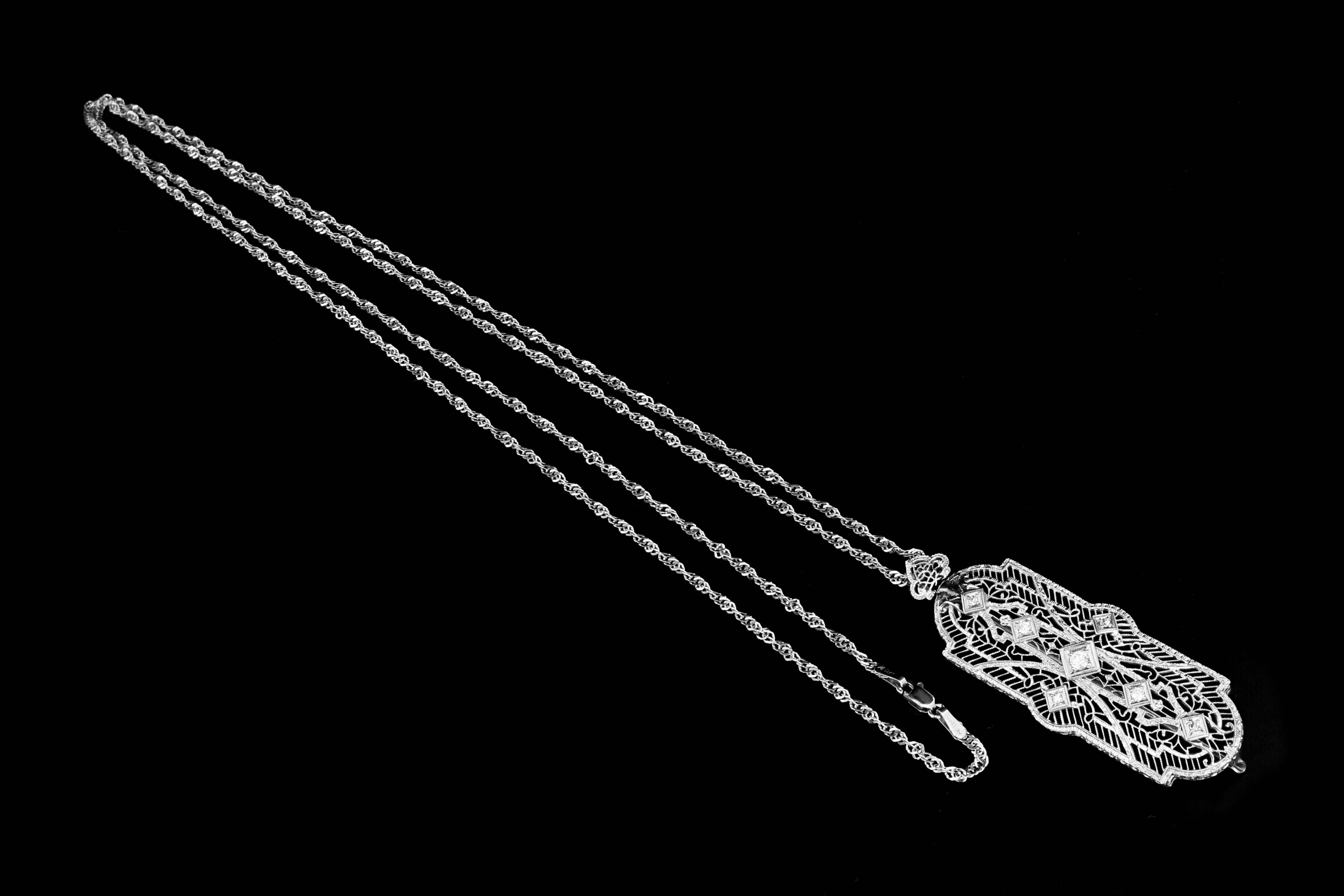 Art Deco 14K White Gold Pendant/Brooch Diamond Necklace - Queen May