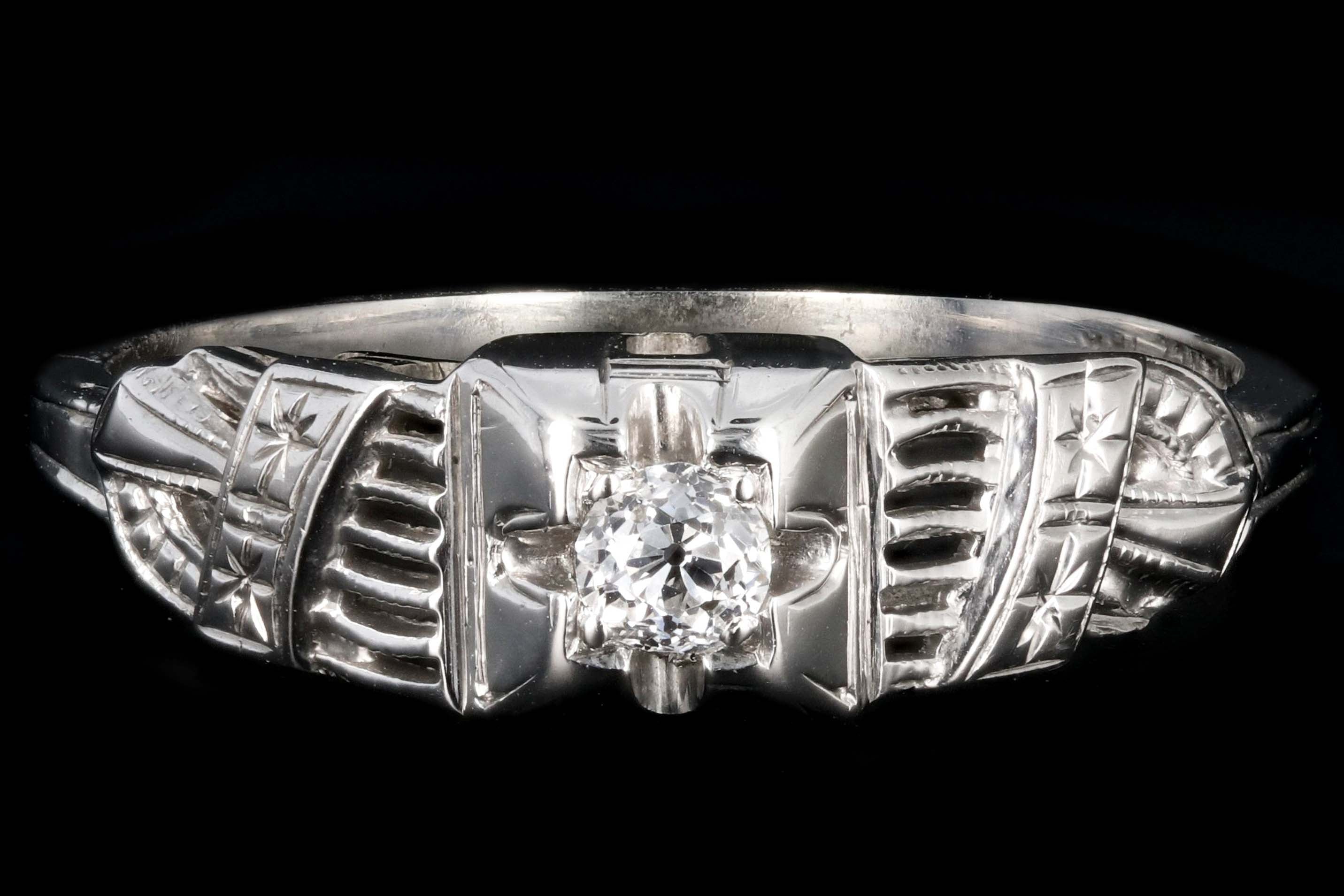 Art Deco 18K White Gold .10 CT Old Mine Cut Diamond Engagement Ring - Queen May