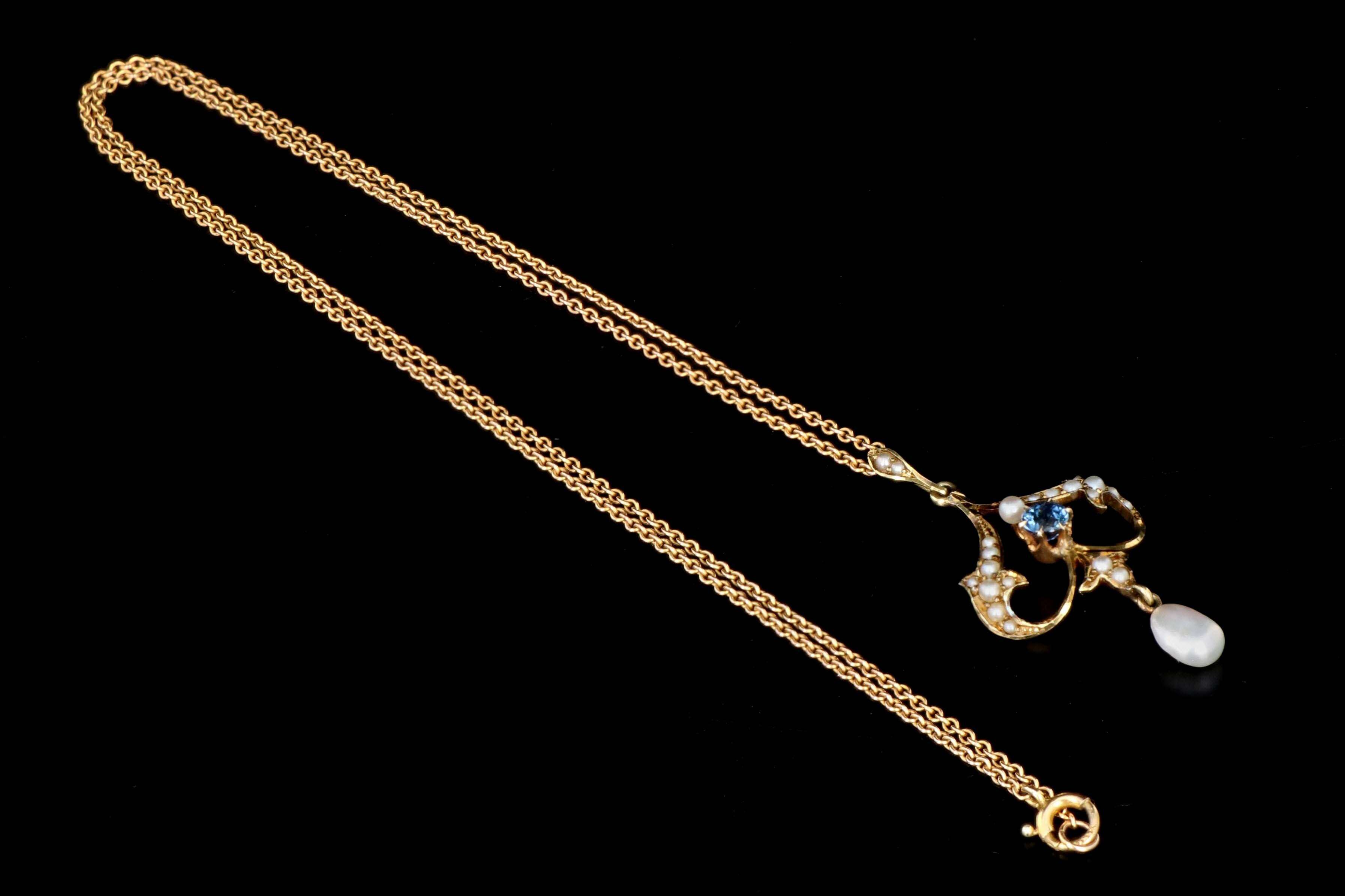 Victorian 14K Yellow Gold Lavalier Necklace With .15 Carat Natural Sapphire and Natural Pearls - Queen May
