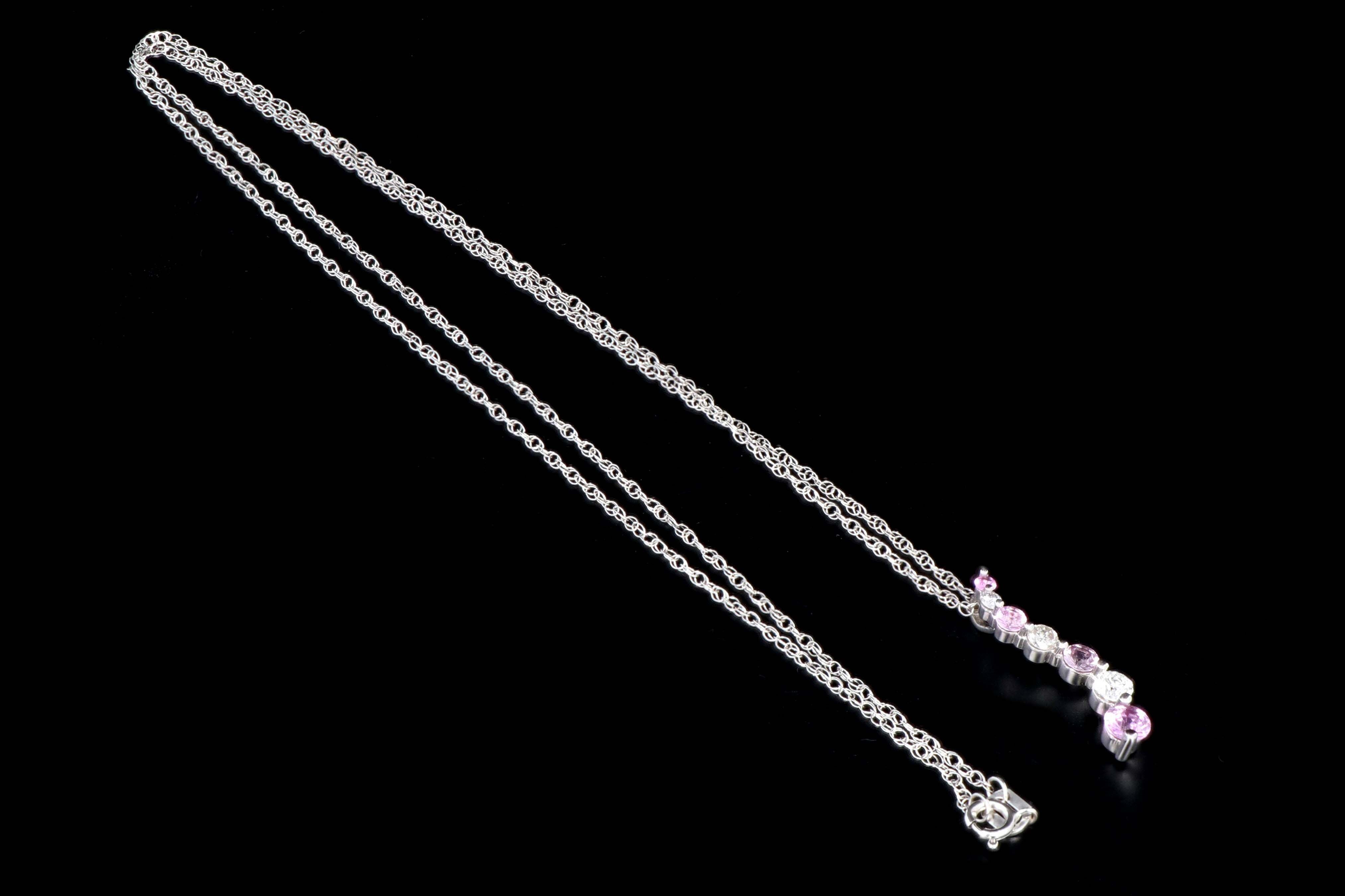 Modern 14K White Gold .20 CTW Diamond and .35 CTW Pink Sapphire Pendant Necklace - Queen May