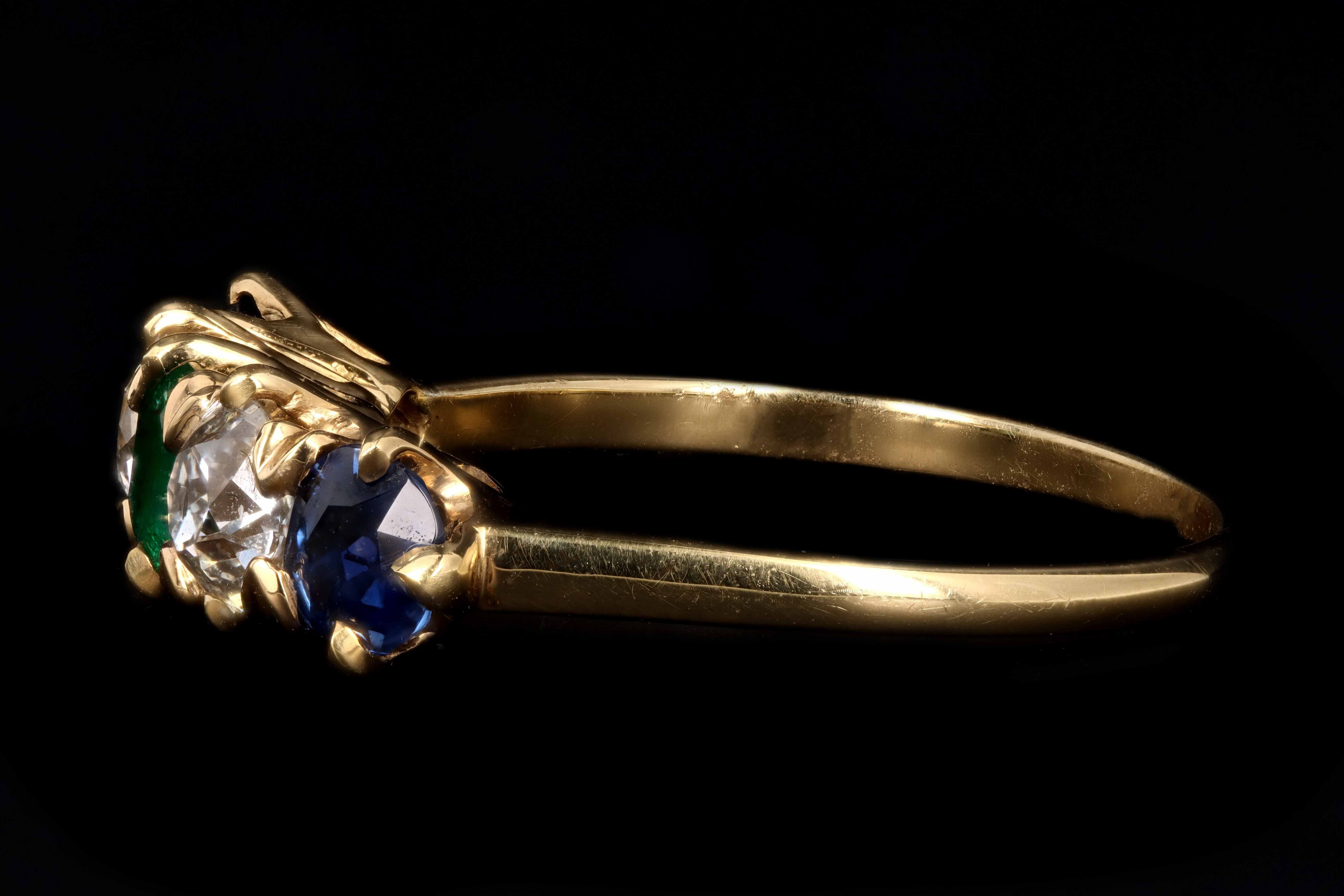 Victorian 18K Yellow Gold Diamond Sapphire & Emerald 5 Stone Half Band Size 7.25 - Queen May