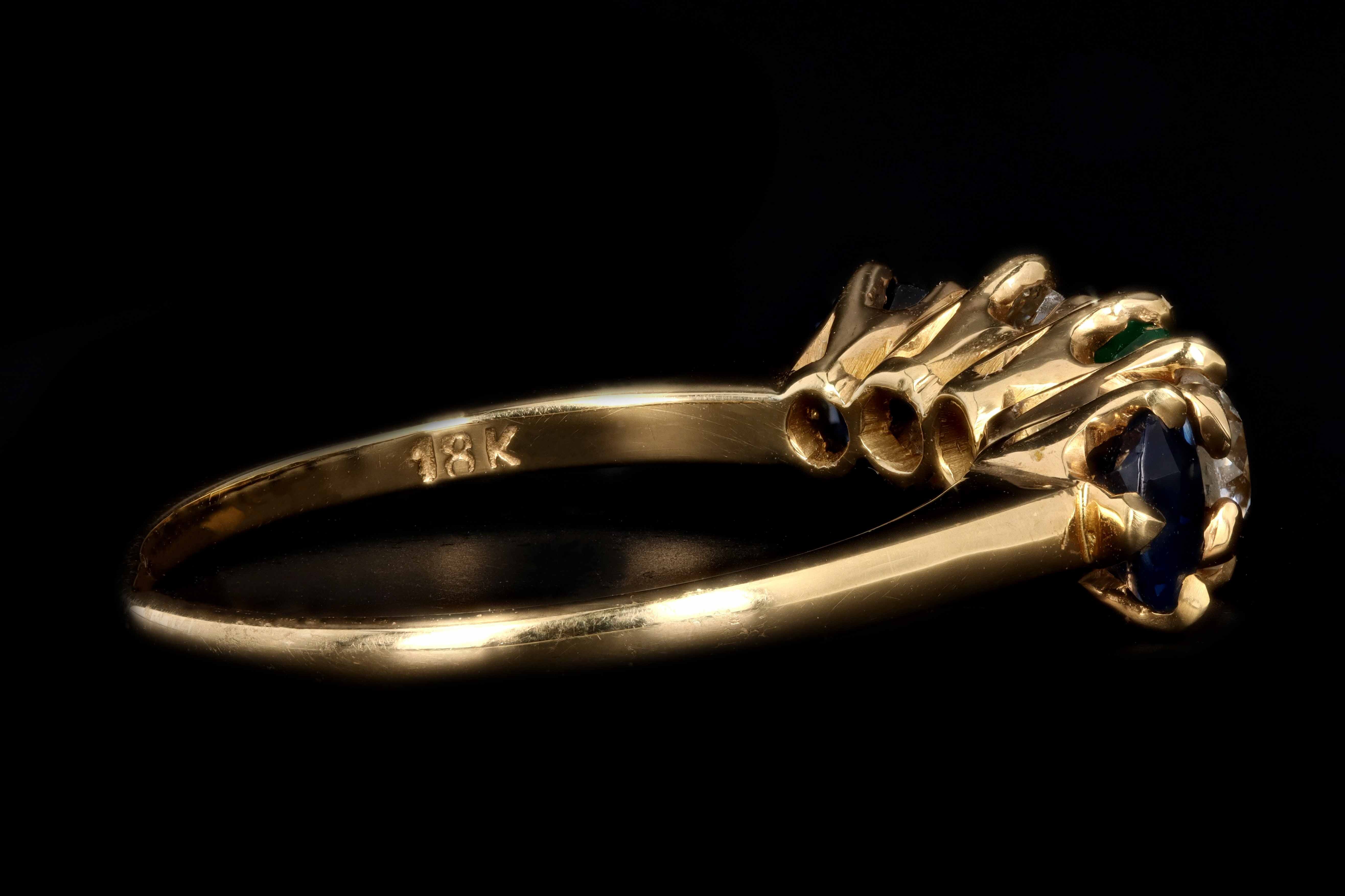 Victorian 18K Yellow Gold Diamond Sapphire & Emerald 5 Stone Half Band Size 7.25 - Queen May