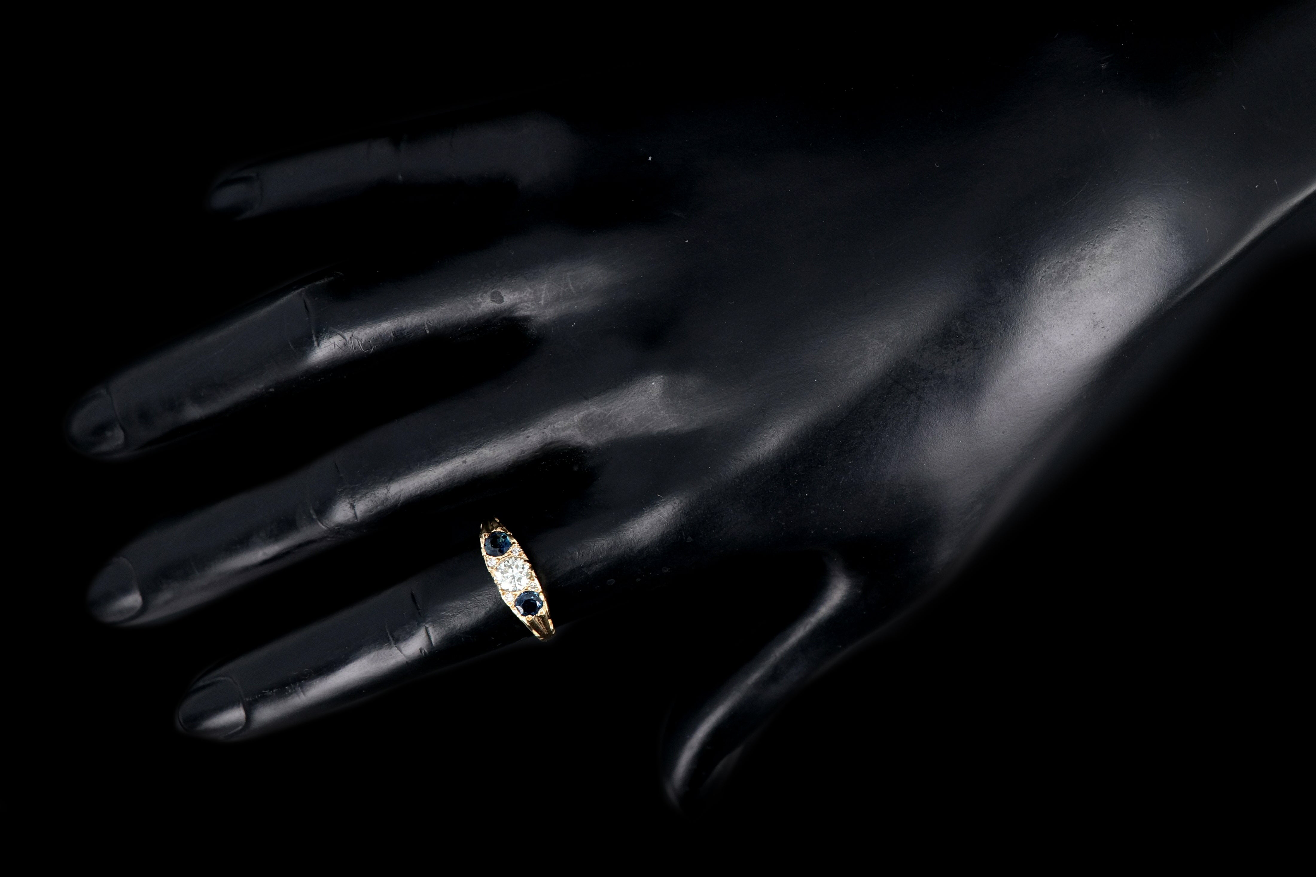 Victorian Style 14K Yellow Gold .42 CTR Round Brilliant Cut Diamond and Sapphire Ring - Queen May