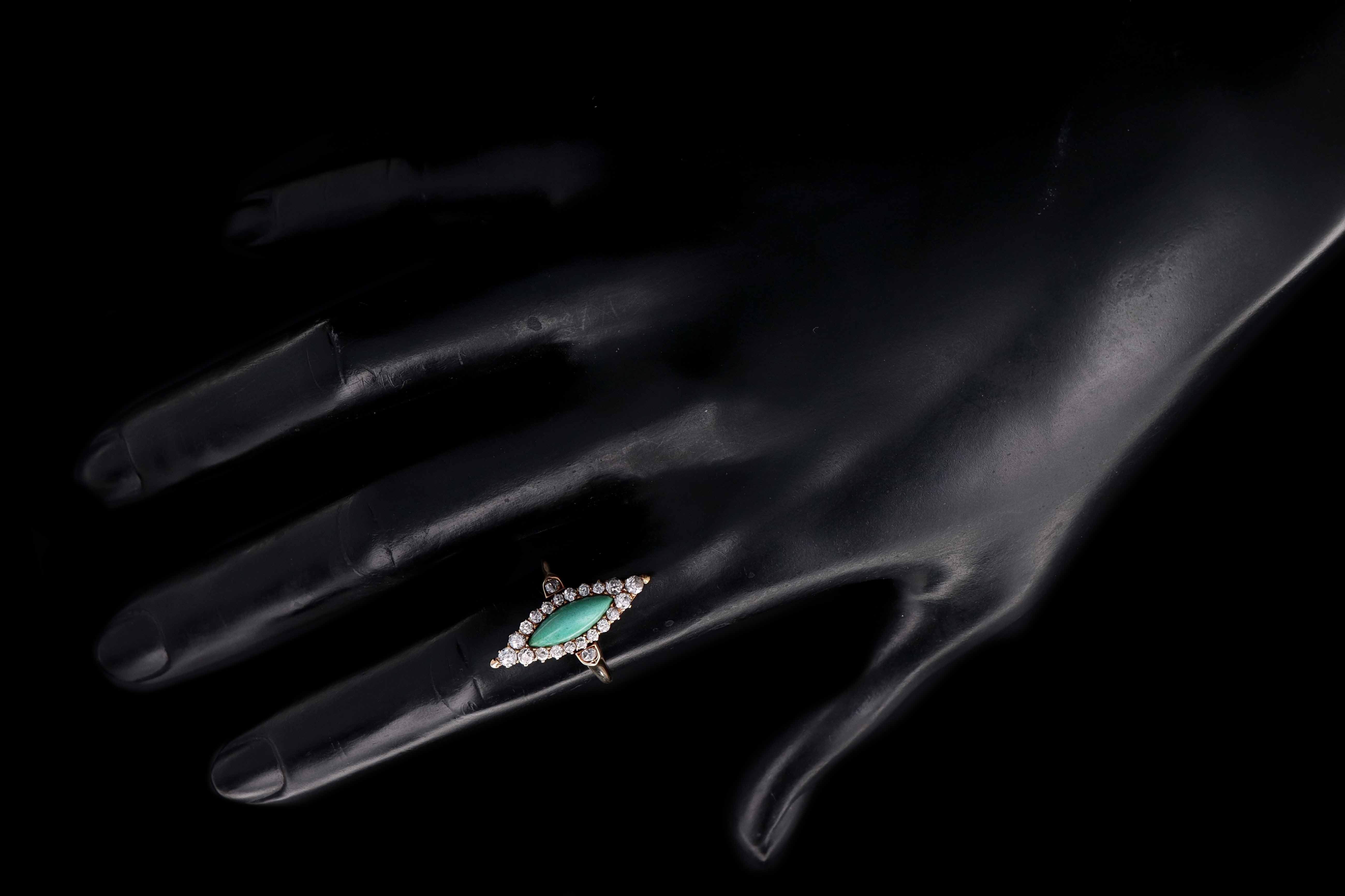 Victorian 14K Rose Gold Turquoise and Diamond Navette Ring - Queen May