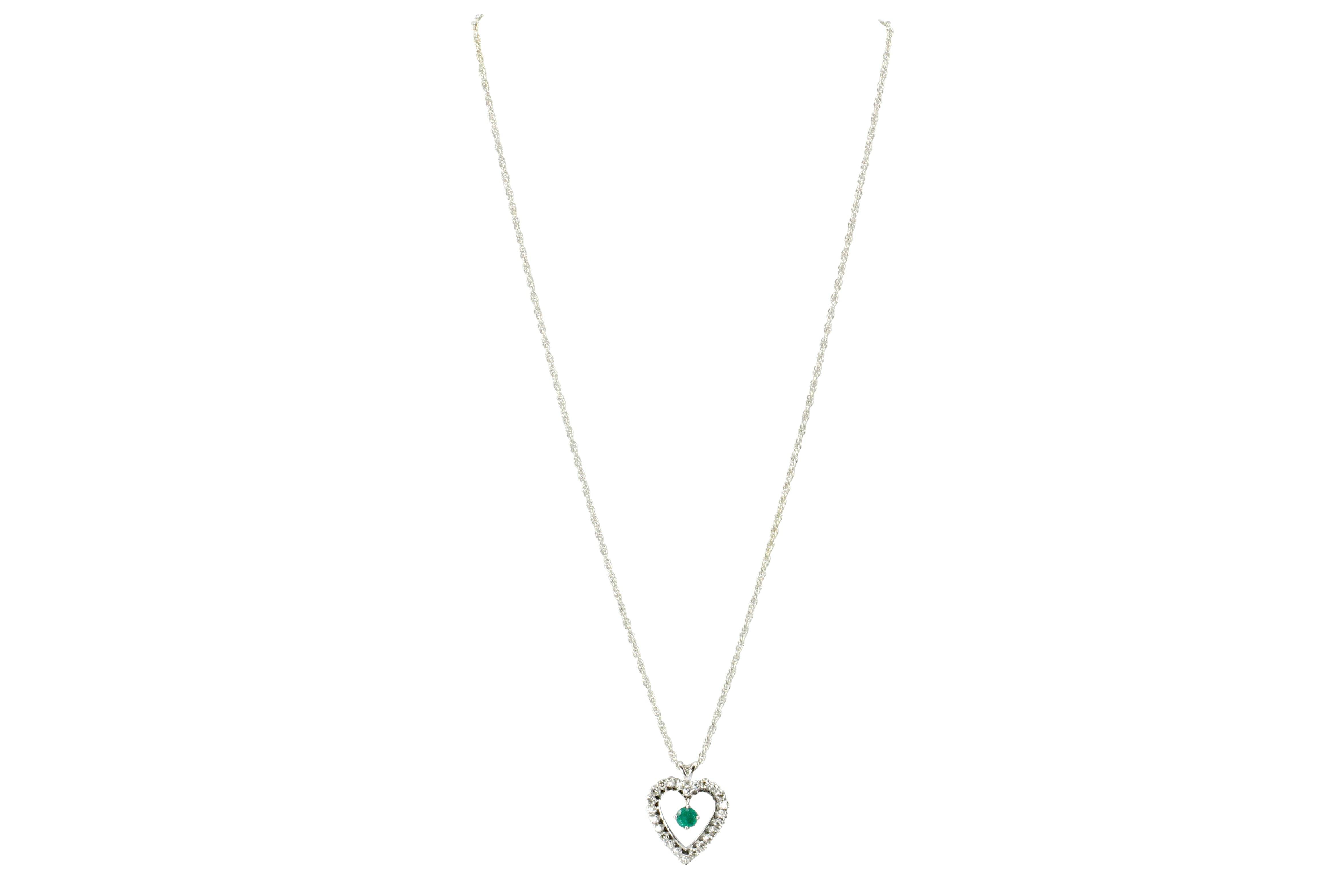 14K White Gold Emerald and Diamond Heart Necklace - Queen May