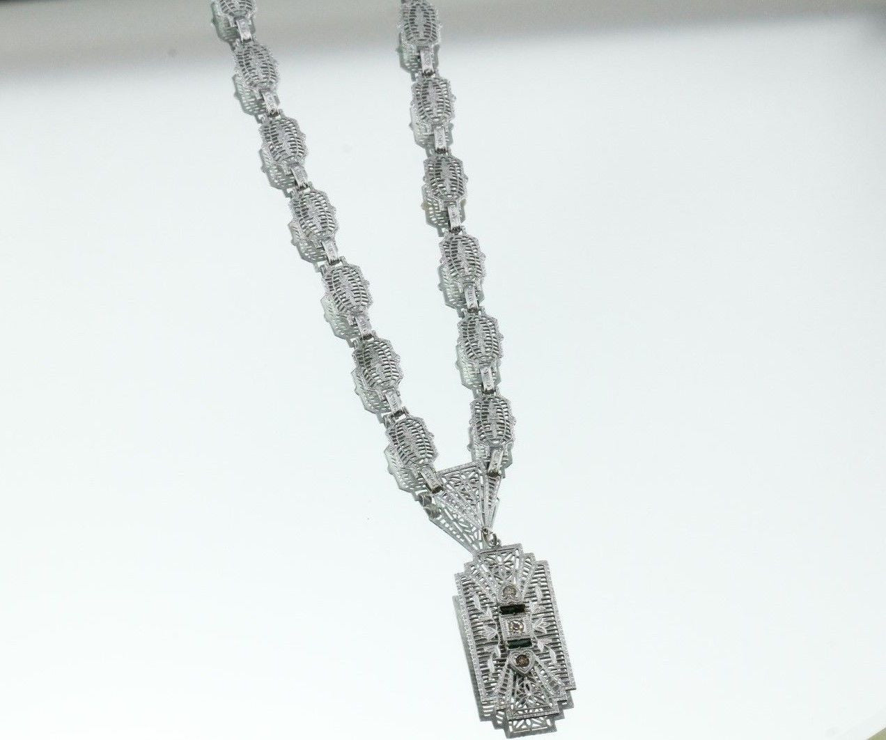 Antique Sterling Silver Art Deco Rhodium Plated Necklace - Queen May
