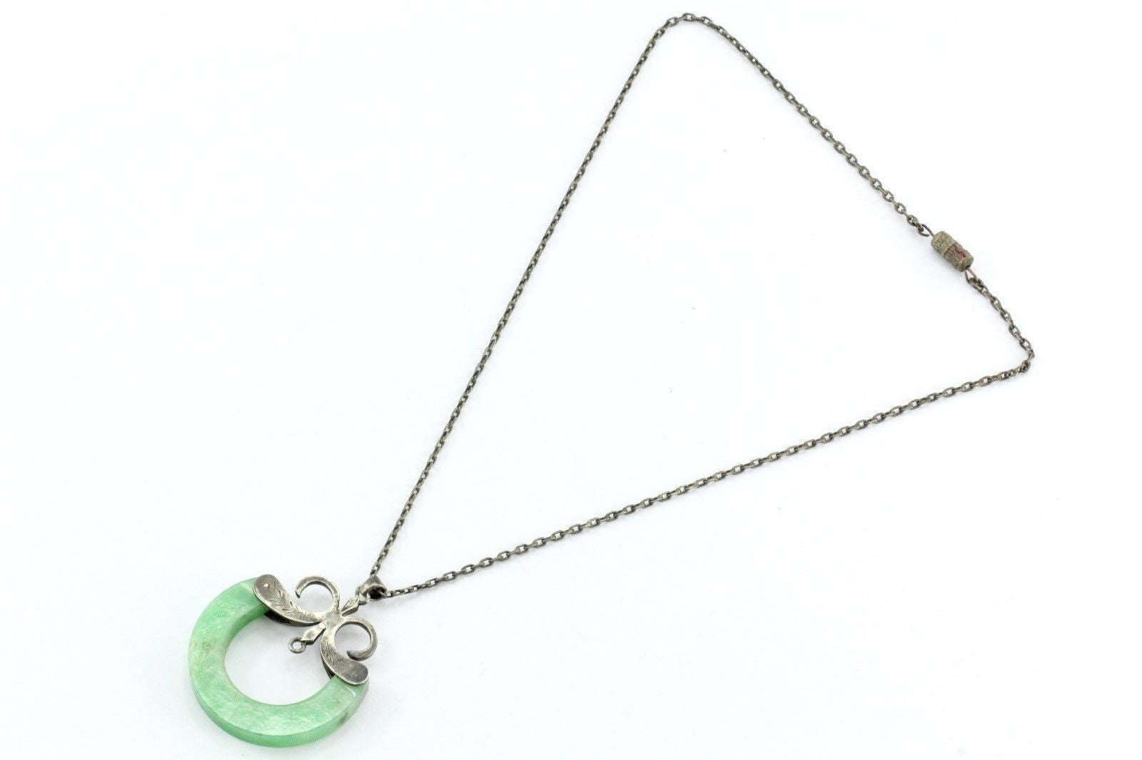 Antique Sterling Silver & Mint Green Jade Pendant Chinese Export Necklace - Queen May