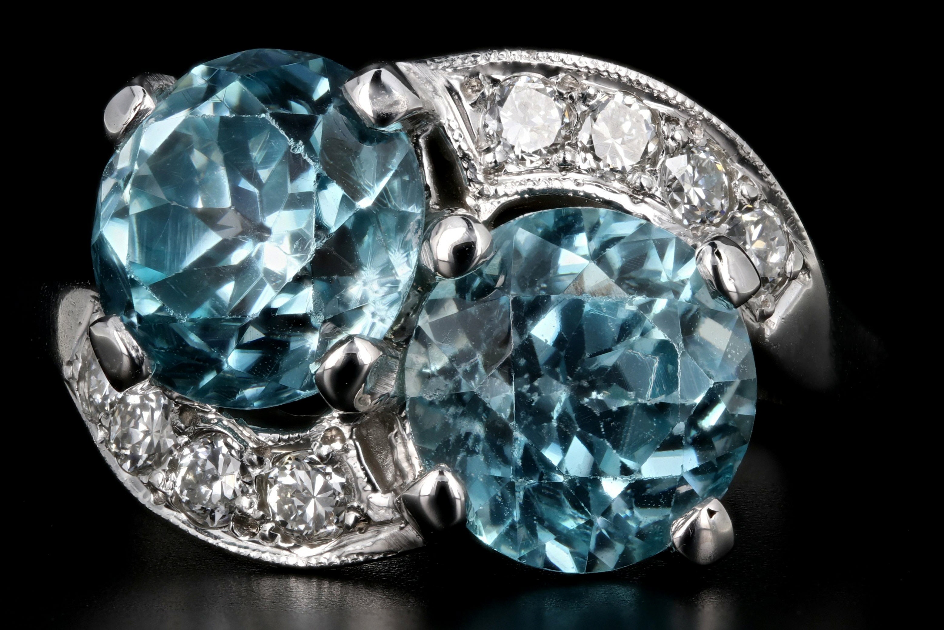 Mid Century 14K White Gold Blue Zircon and Diamond Ring - Queen May