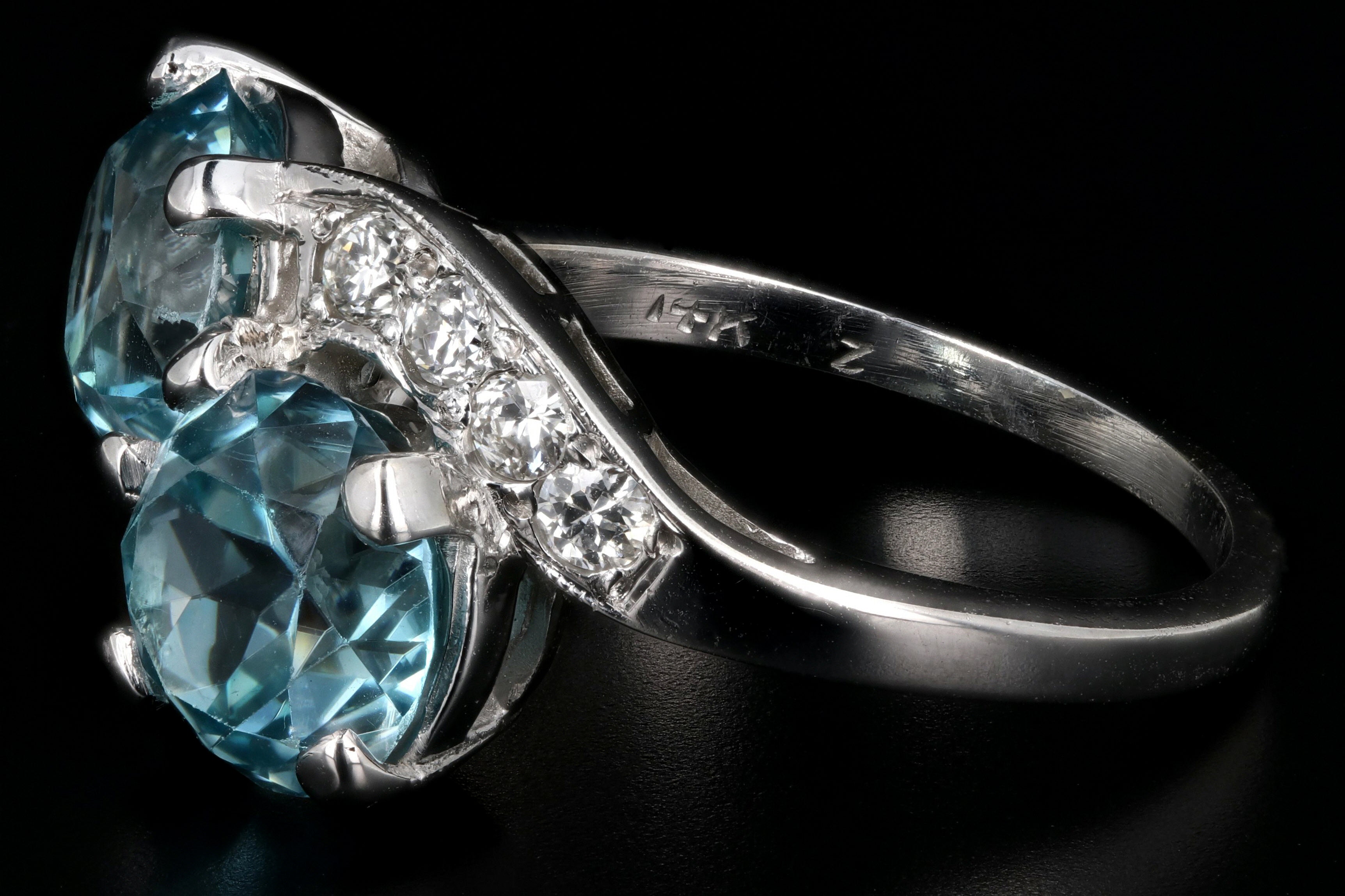 Mid Century 14K White Gold Blue Zircon and Diamond Ring - Queen May