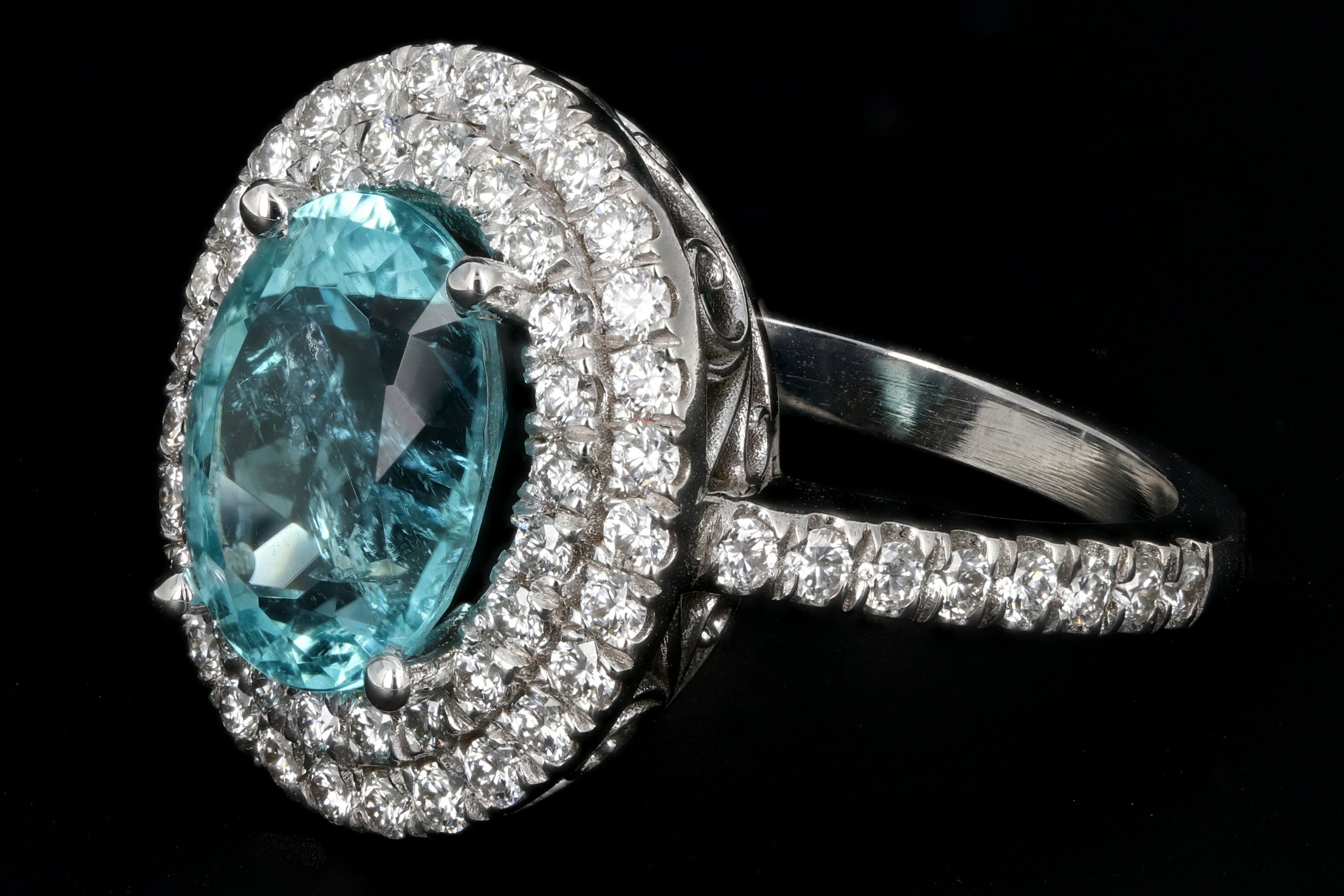 New 18K White Gold 3.29 Carat Paraiba-Type Tourmaline & Diamond Halo Ring AGL Certified - Queen May