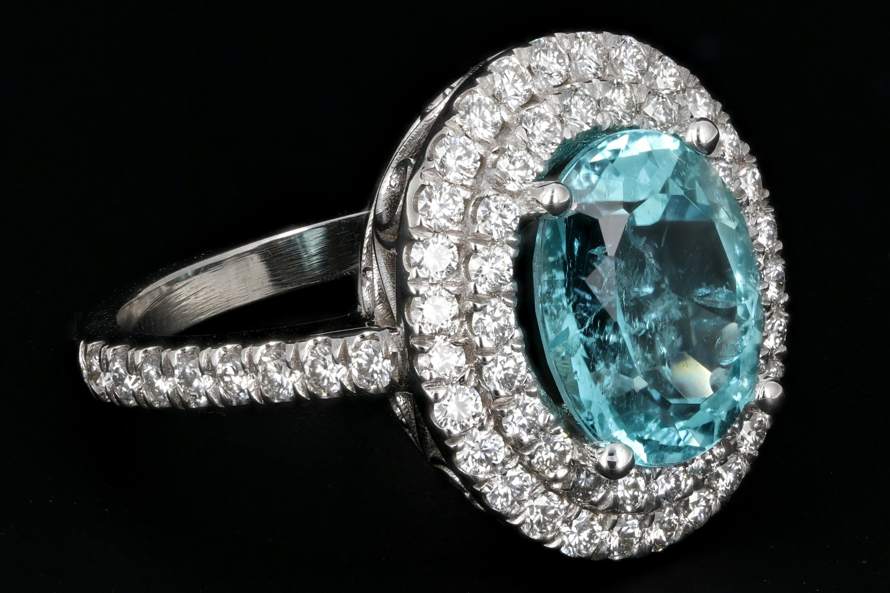 New 18K White Gold 3.29 Carat Paraiba-Type Tourmaline & Diamond Halo Ring AGL Certified - Queen May