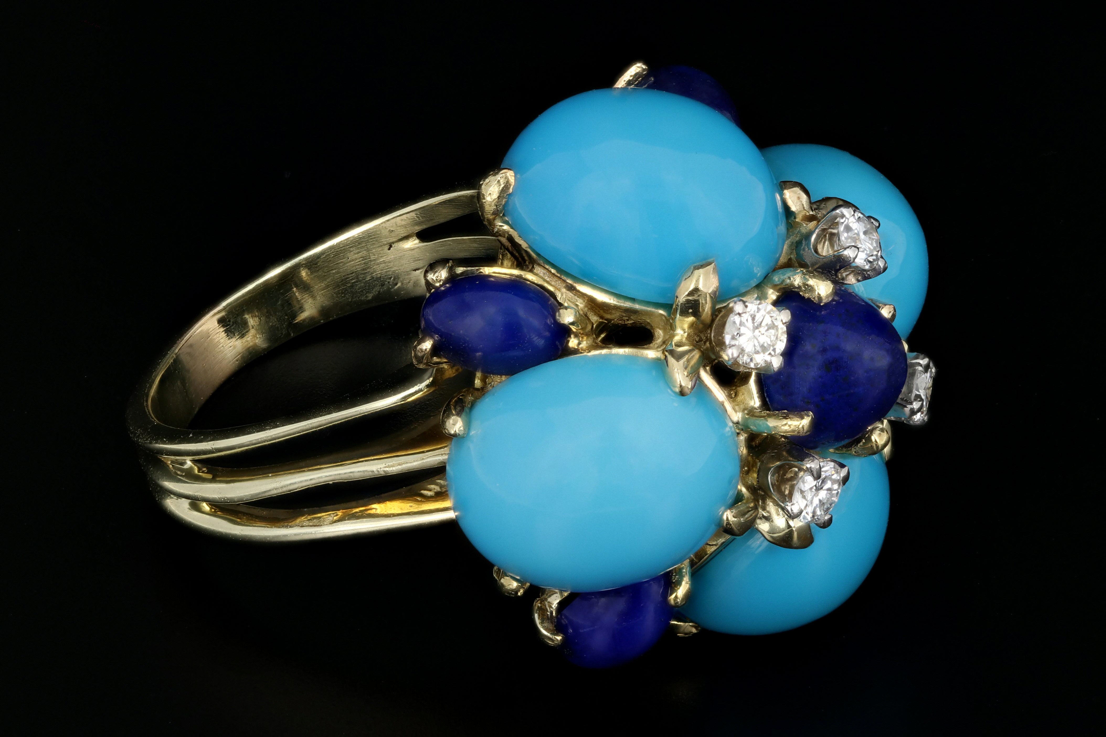 La Triomphe 14K Yellow Gold Turquoise, Lapis, & Diamond Ring - Queen May