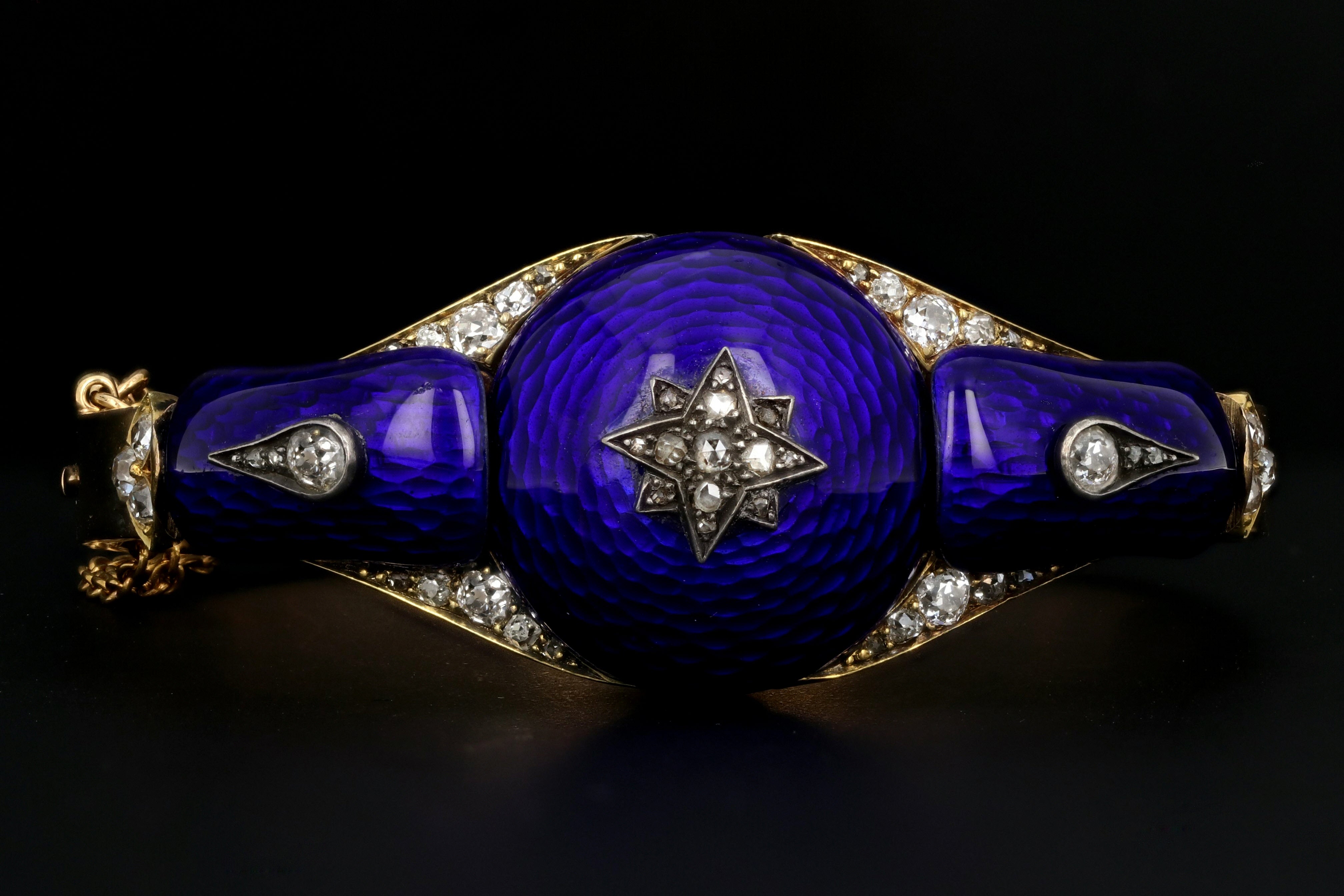 Victorian Yellow Gold Blue Enamel & Rose Cut Diamond Bangle - Queen May