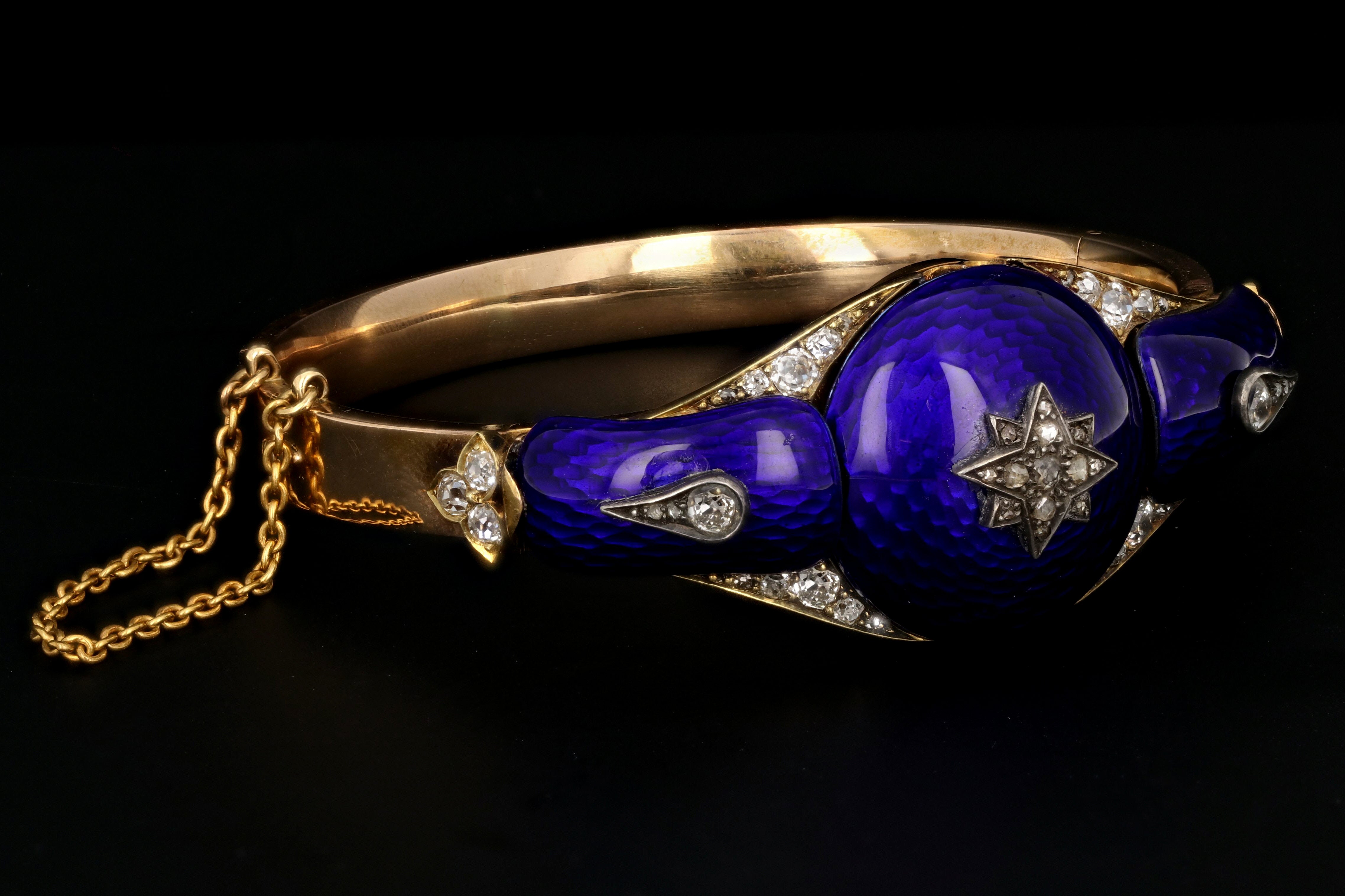 Victorian Yellow Gold Blue Enamel & Rose Cut Diamond Bangle - Queen May