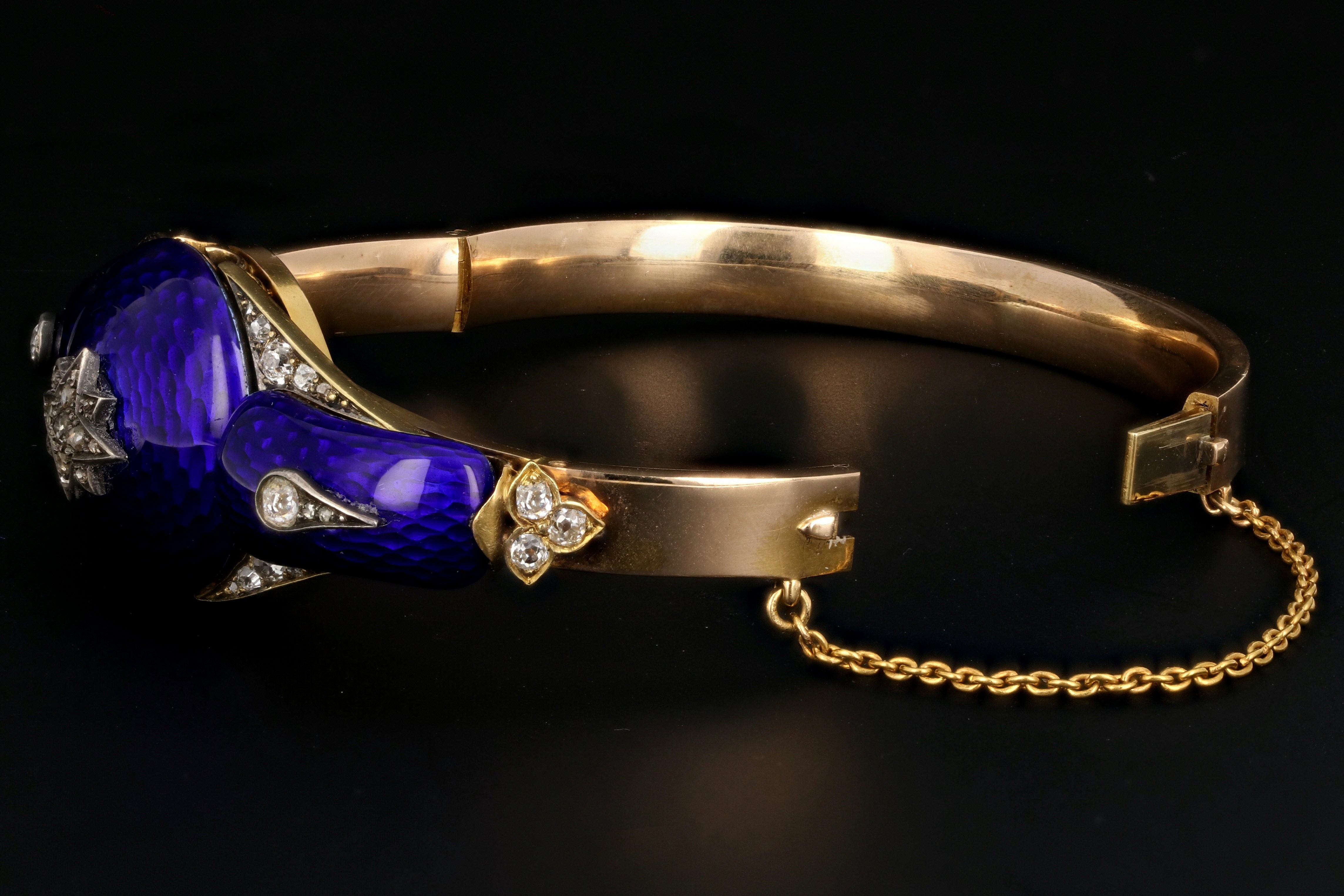 Victorian Yellow Gold Blue Enamel & Rose Cut Diamond Bangle - Queen May