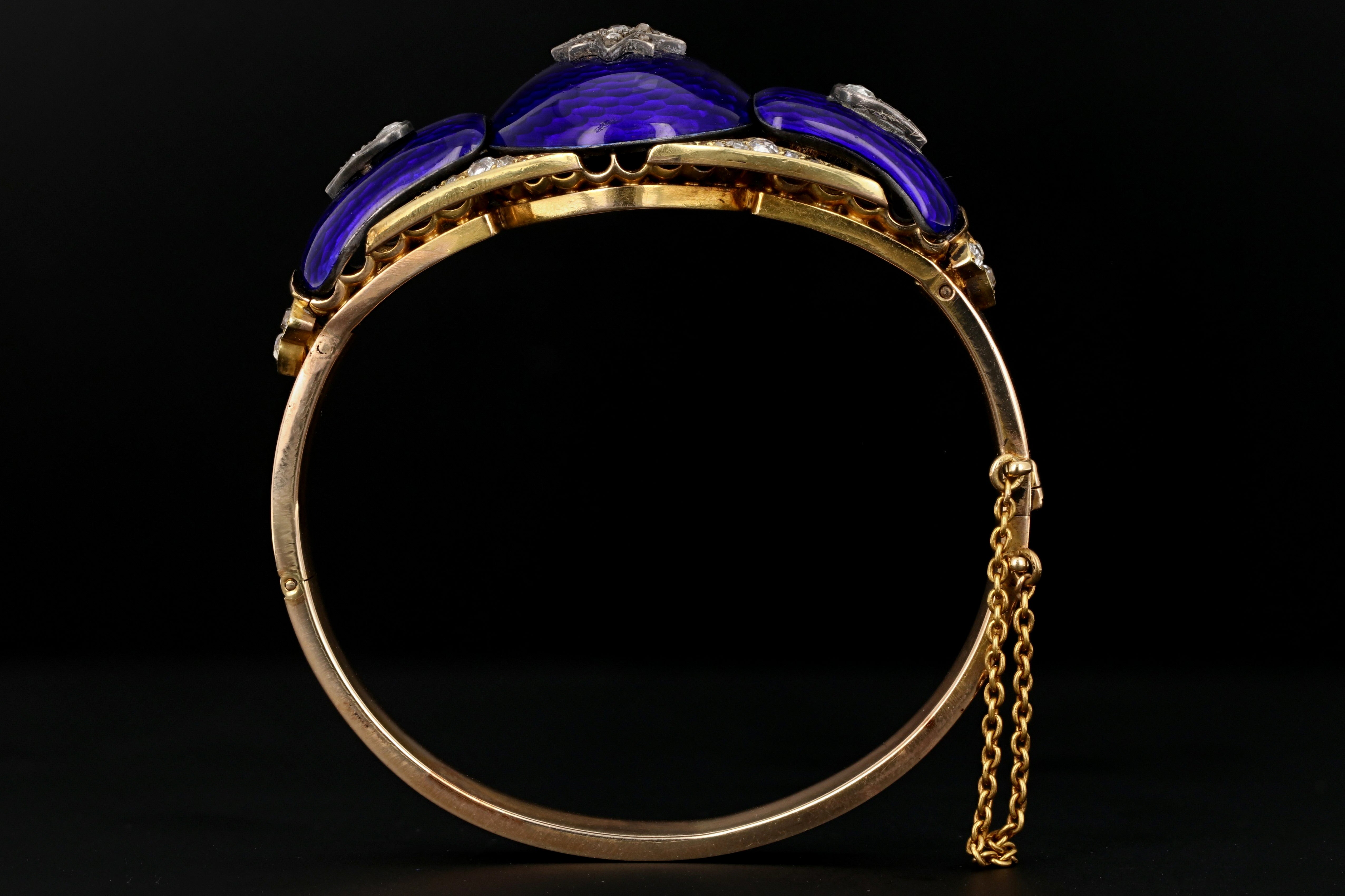 Victorian Yellow Gold Blue Enamel & Rose Cut Diamond Bangle - Queen May