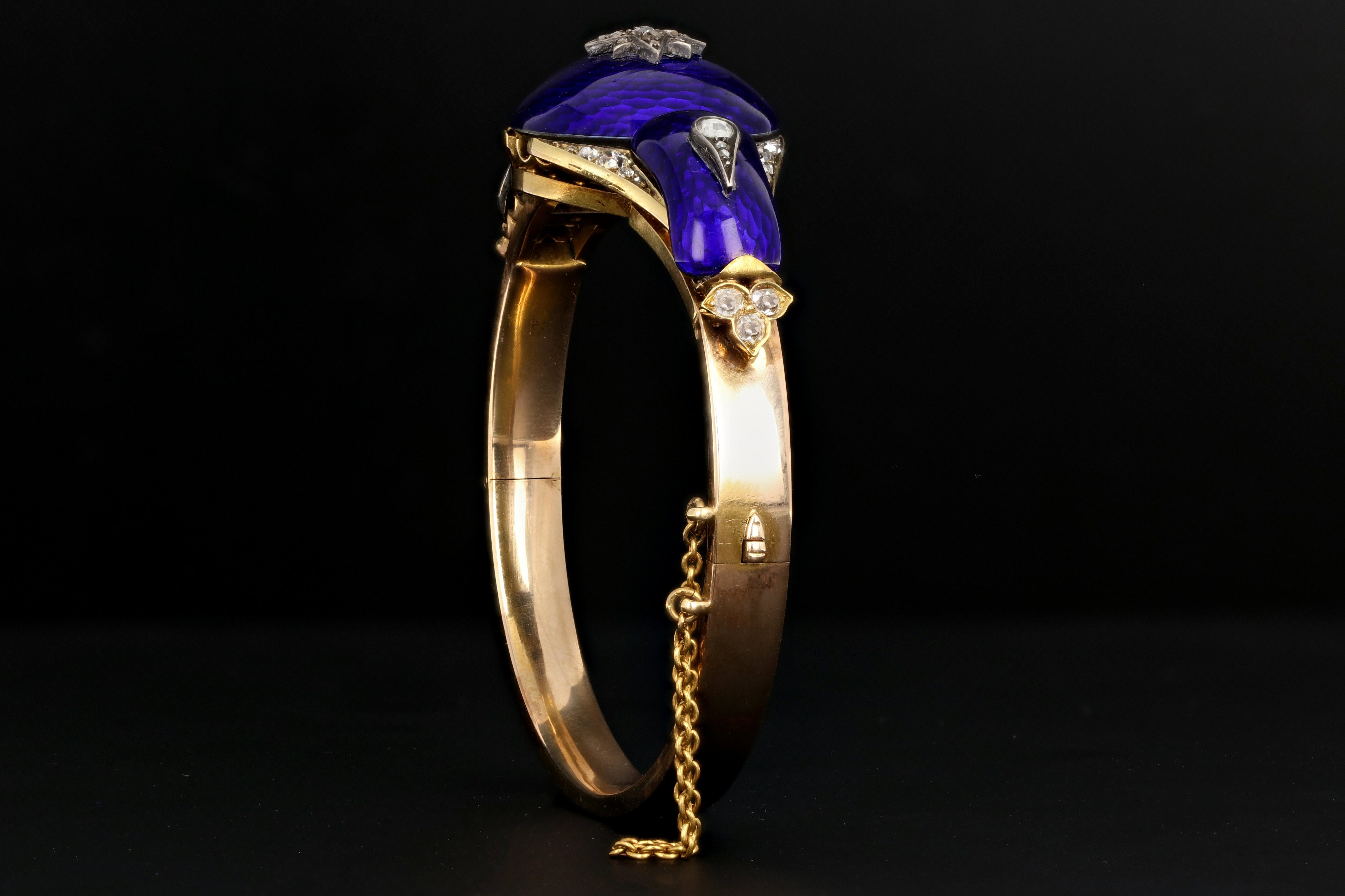 Victorian Yellow Gold Blue Enamel & Rose Cut Diamond Bangle - Queen May