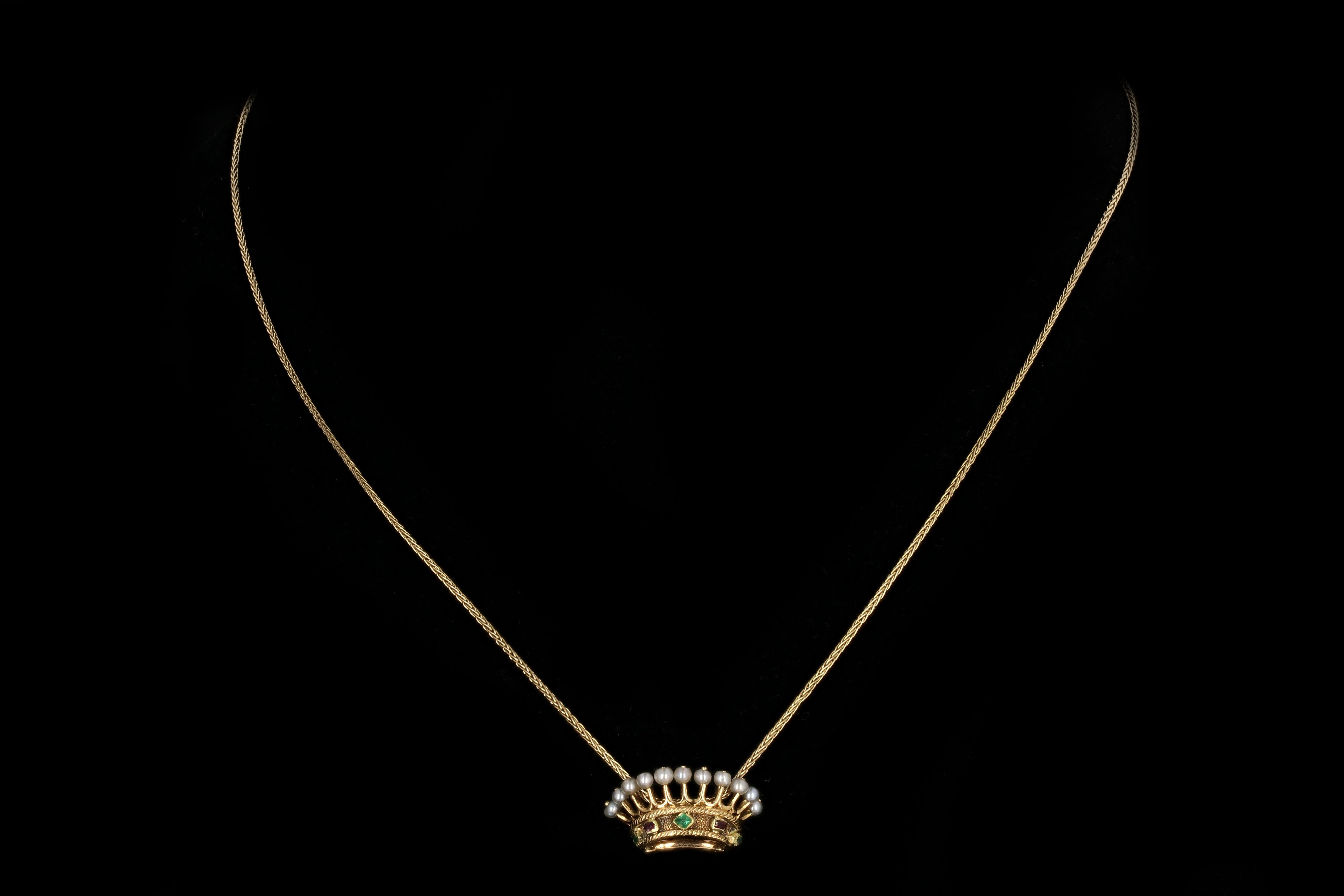 Victorian 18K Gold Ruby Emerald Pearl Crown Pendant Necklace c.1840s - Queen May