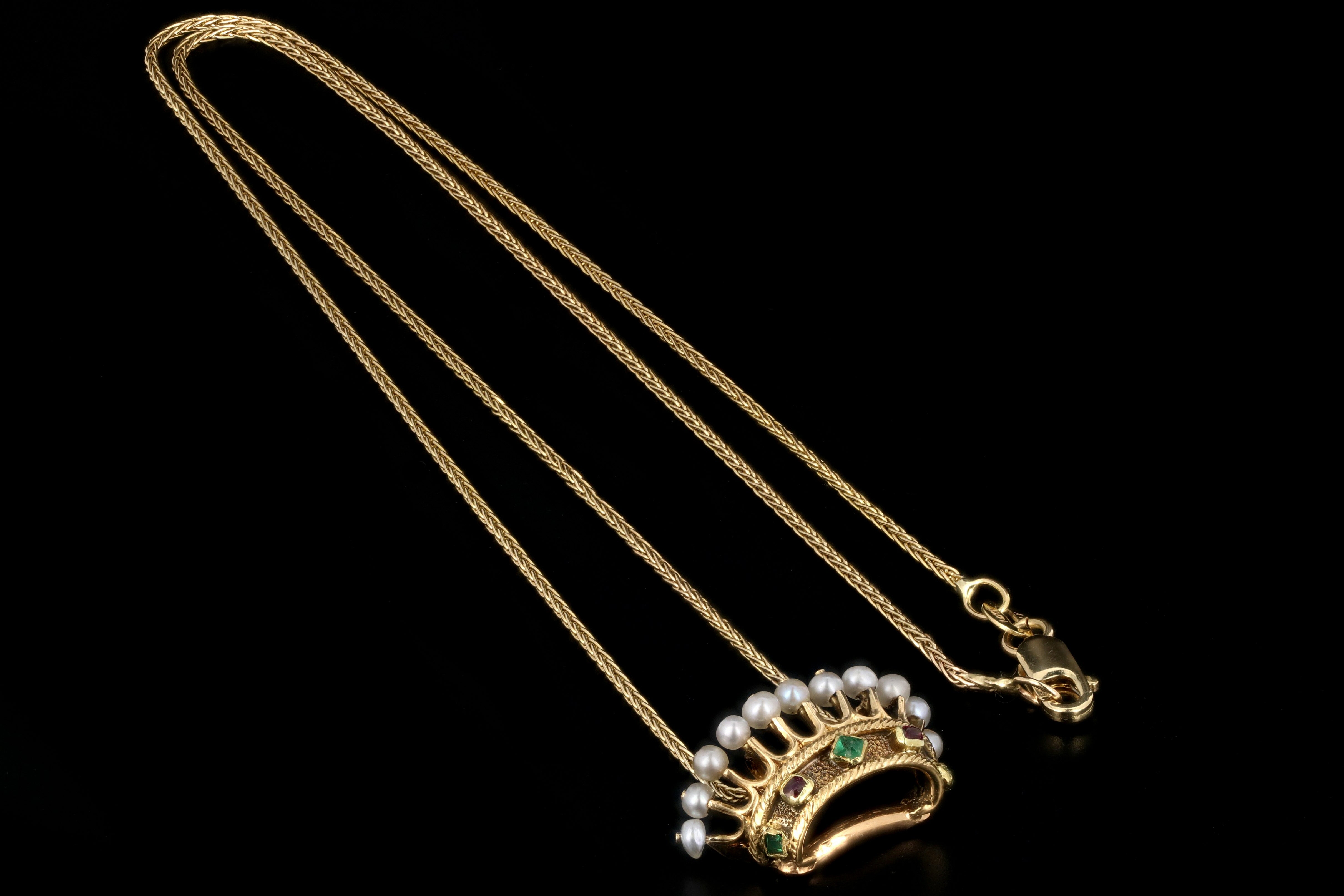 Victorian 18K Gold Ruby Emerald Pearl Crown Pendant Necklace c.1840s - Queen May