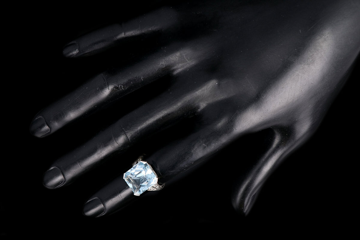 Art Deco Platinum 7 Carat Aquamarine and Diamond Ring - Queen May