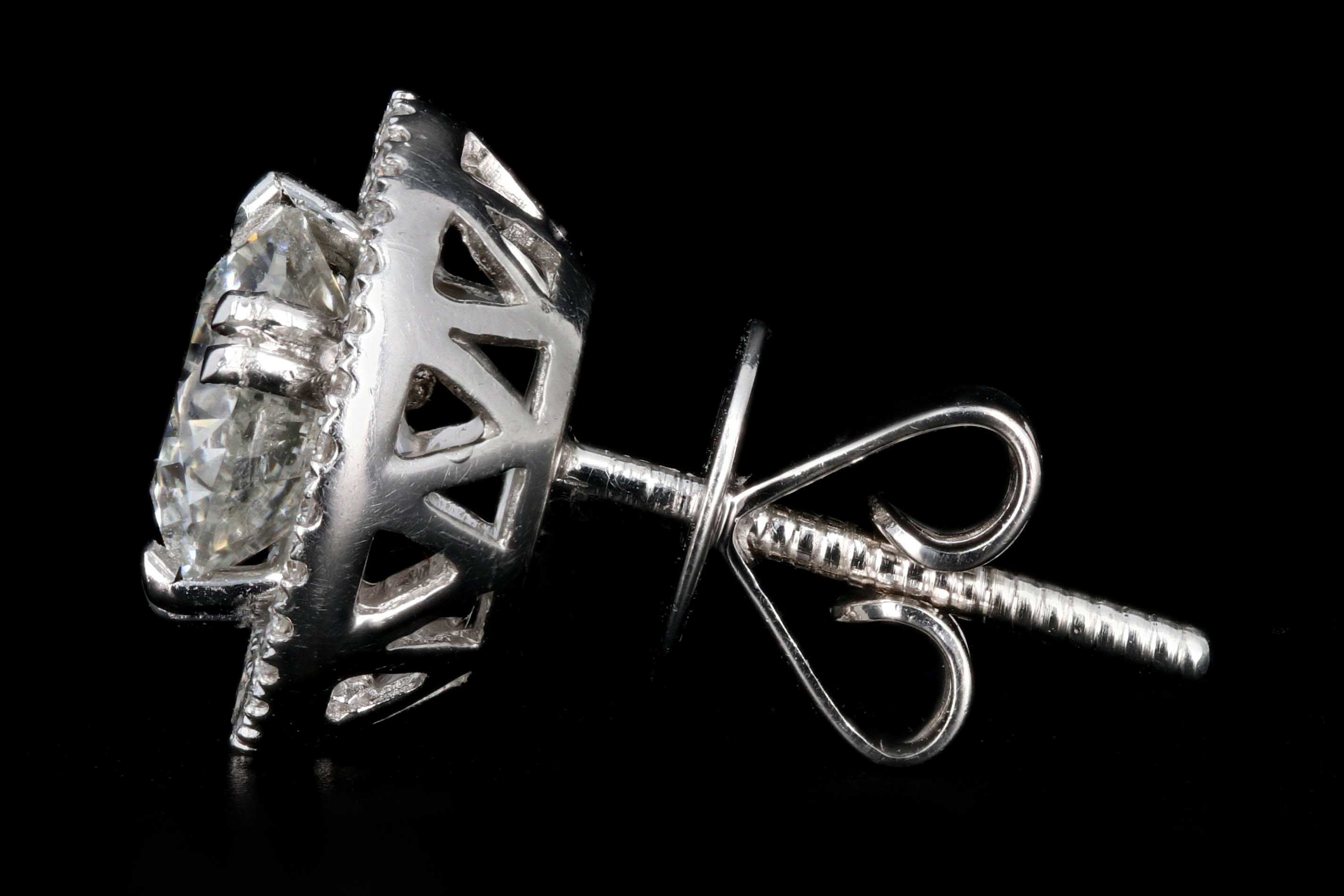 New 18K White Gold 2.22 CTW Round Brilliant Cut Diamond Halo Stud Earrings - Queen May