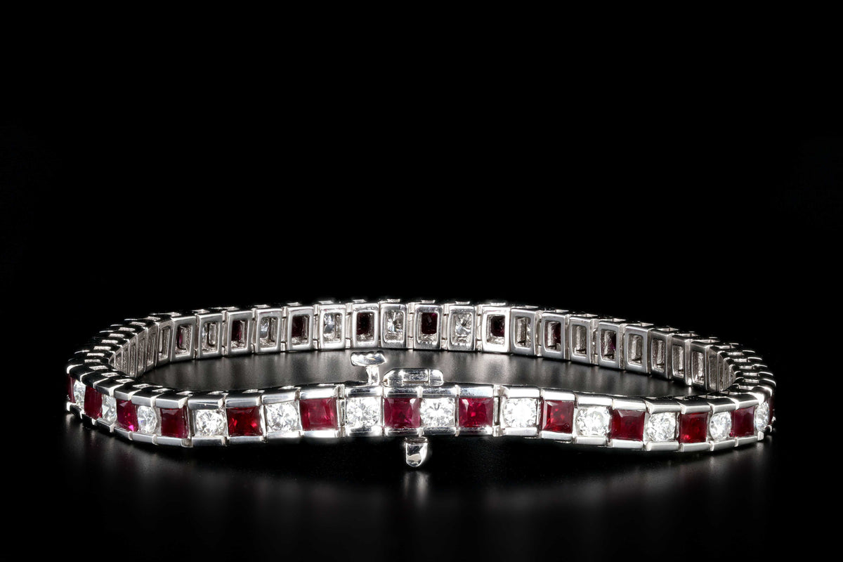 New 14K White Gold 2.3 Carat Diamond and 5.5 Carat Ruby Tennis Bracelet - Queen May