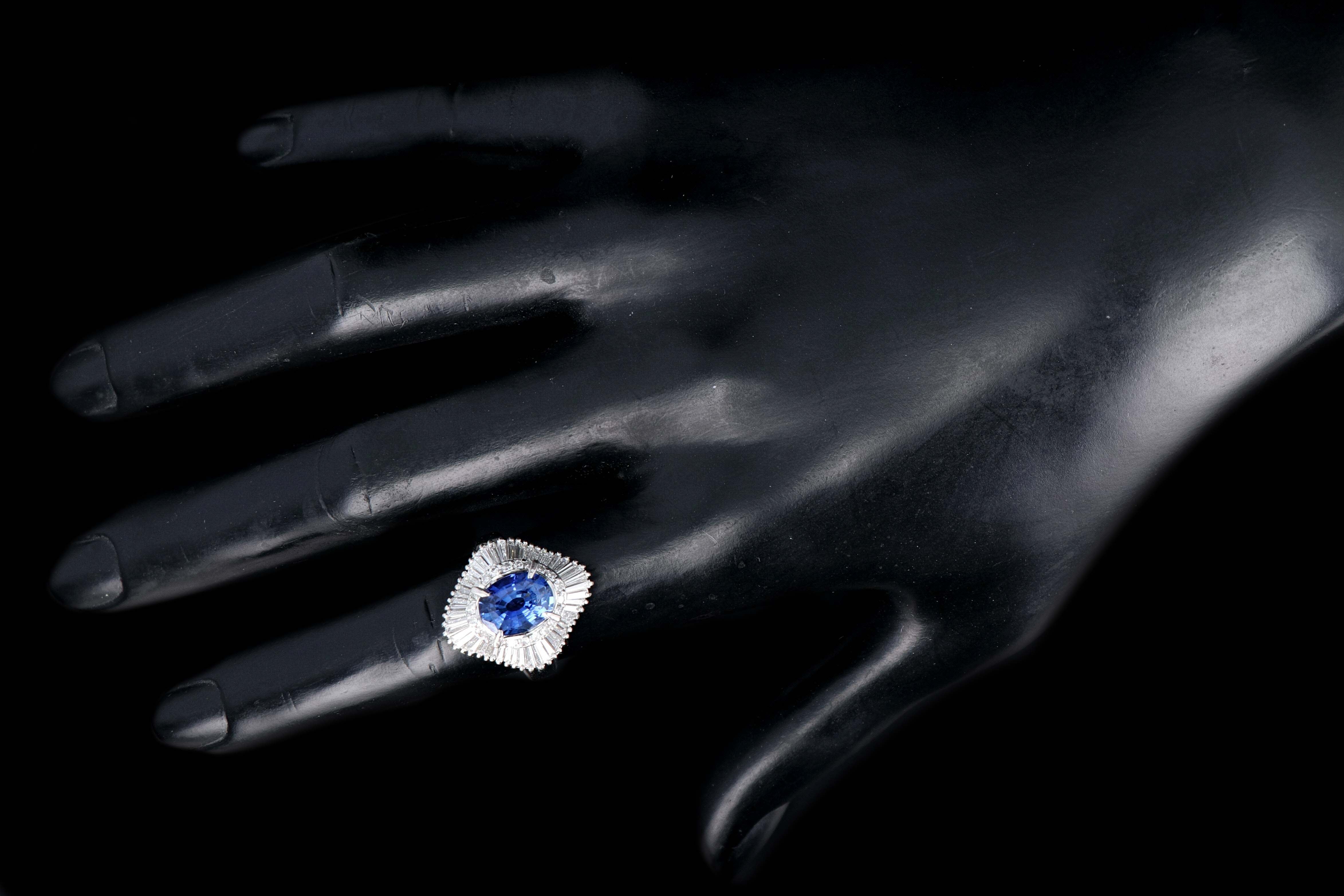 Retro Platinum 2.46 Carat Oval Sapphire and Diamond Cocktail Ring - Queen May