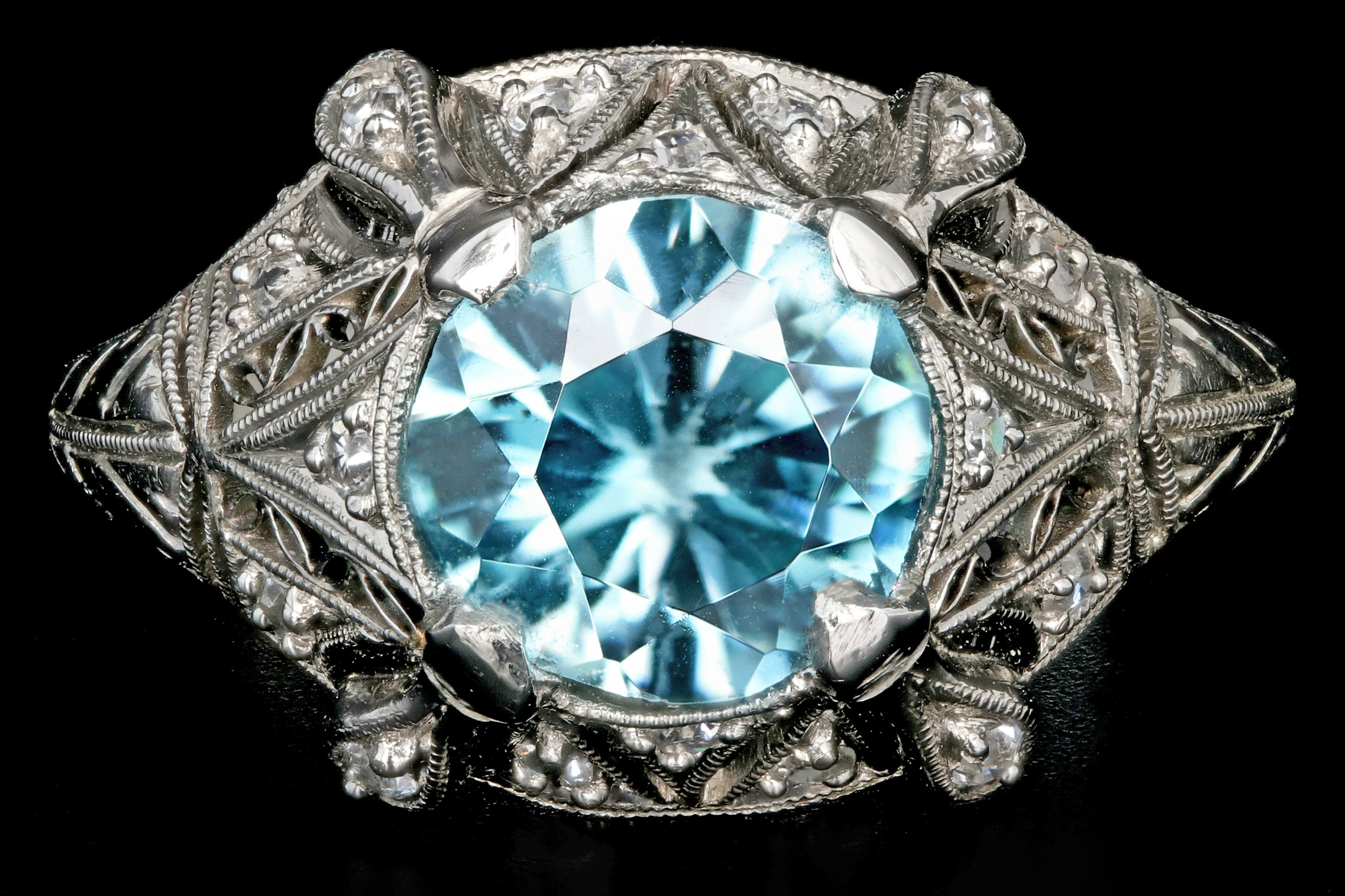 Art Deco Platinum 2.1CT Blue Zircon and Diamond Ring - Queen May