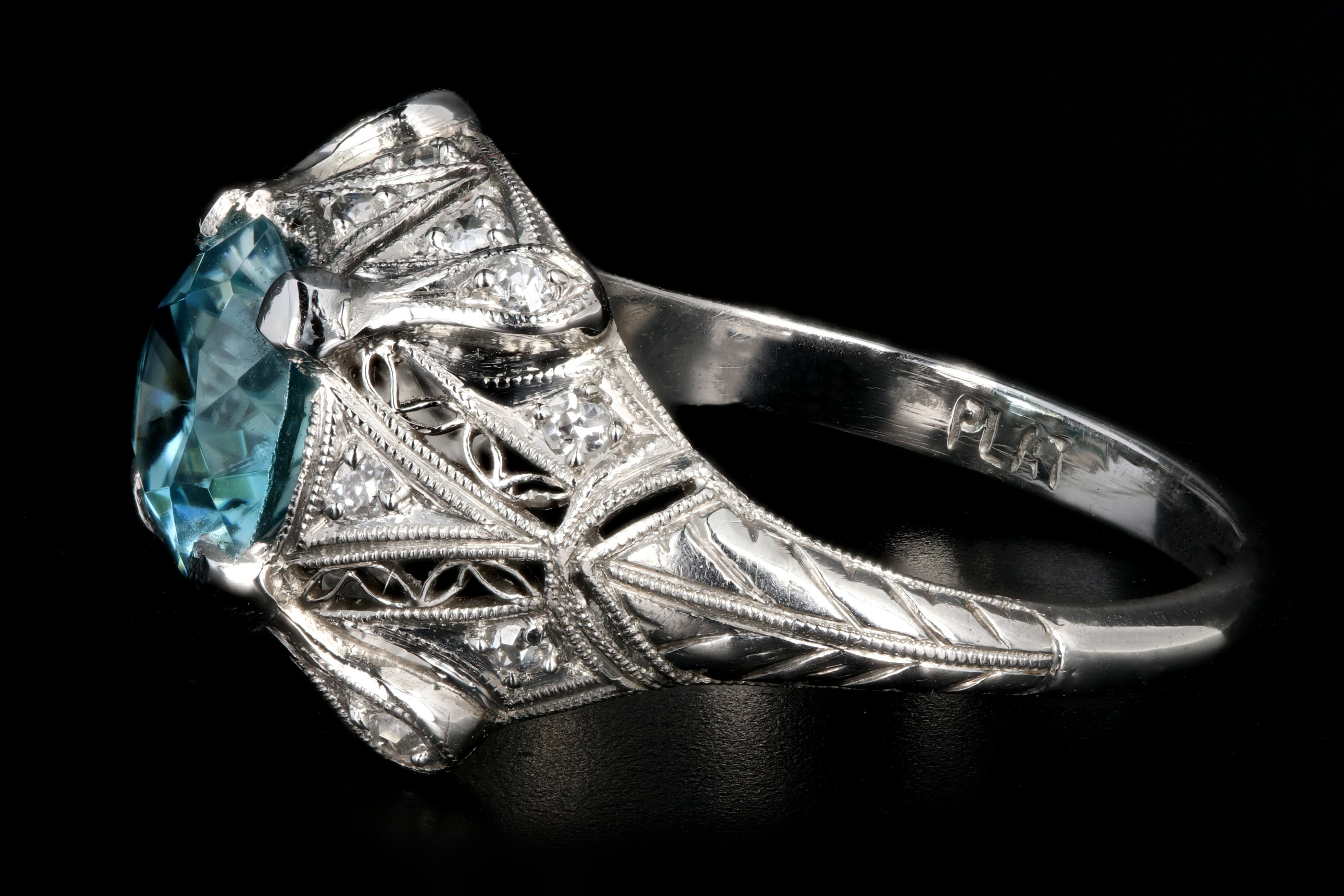 Art Deco Platinum 2.1CT Blue Zircon and Diamond Ring - Queen May