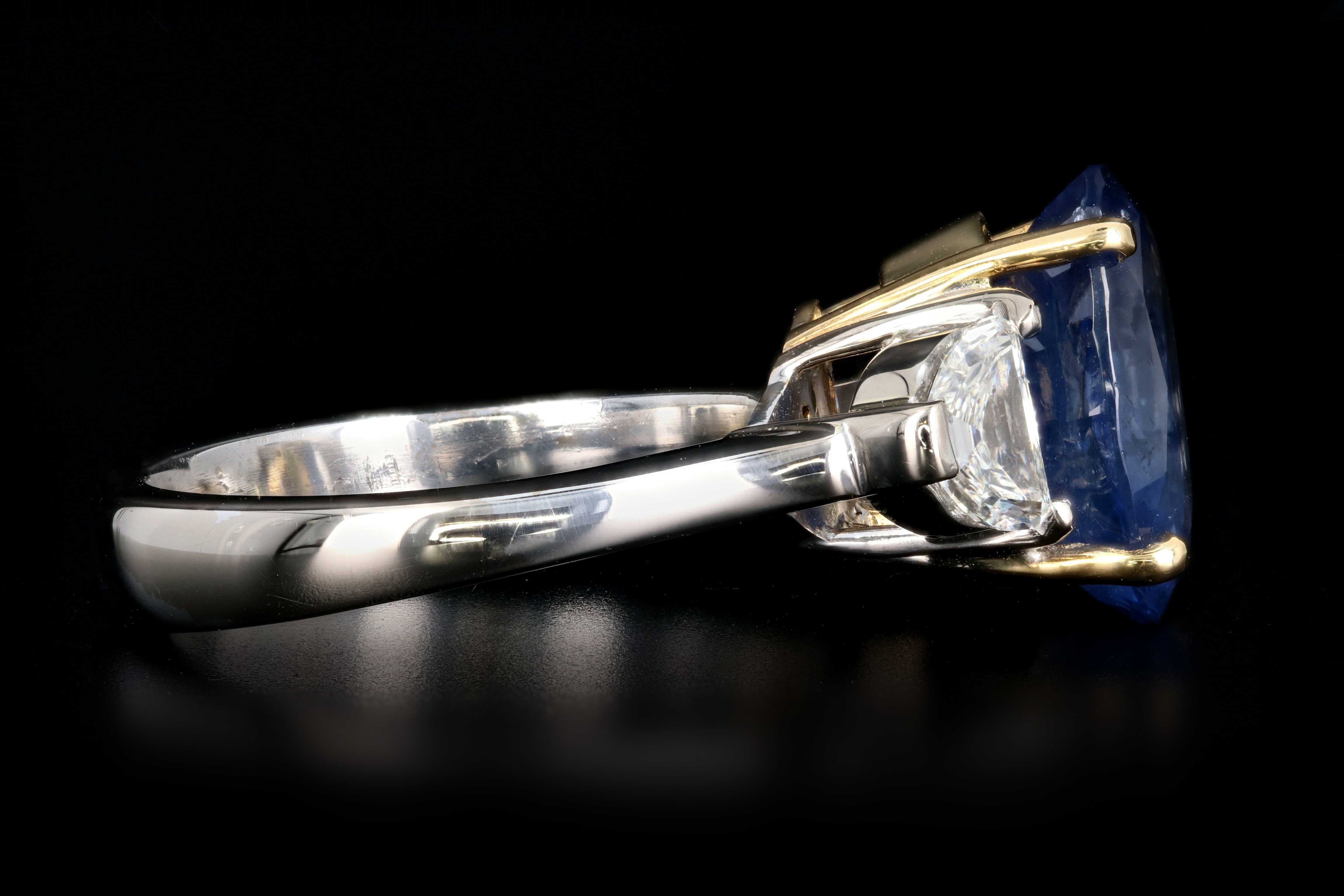 Modern 18K White and Yellow Gold 6.05 Carat Ceylon Sapphire and Half Moon Diamond Ring - Queen May