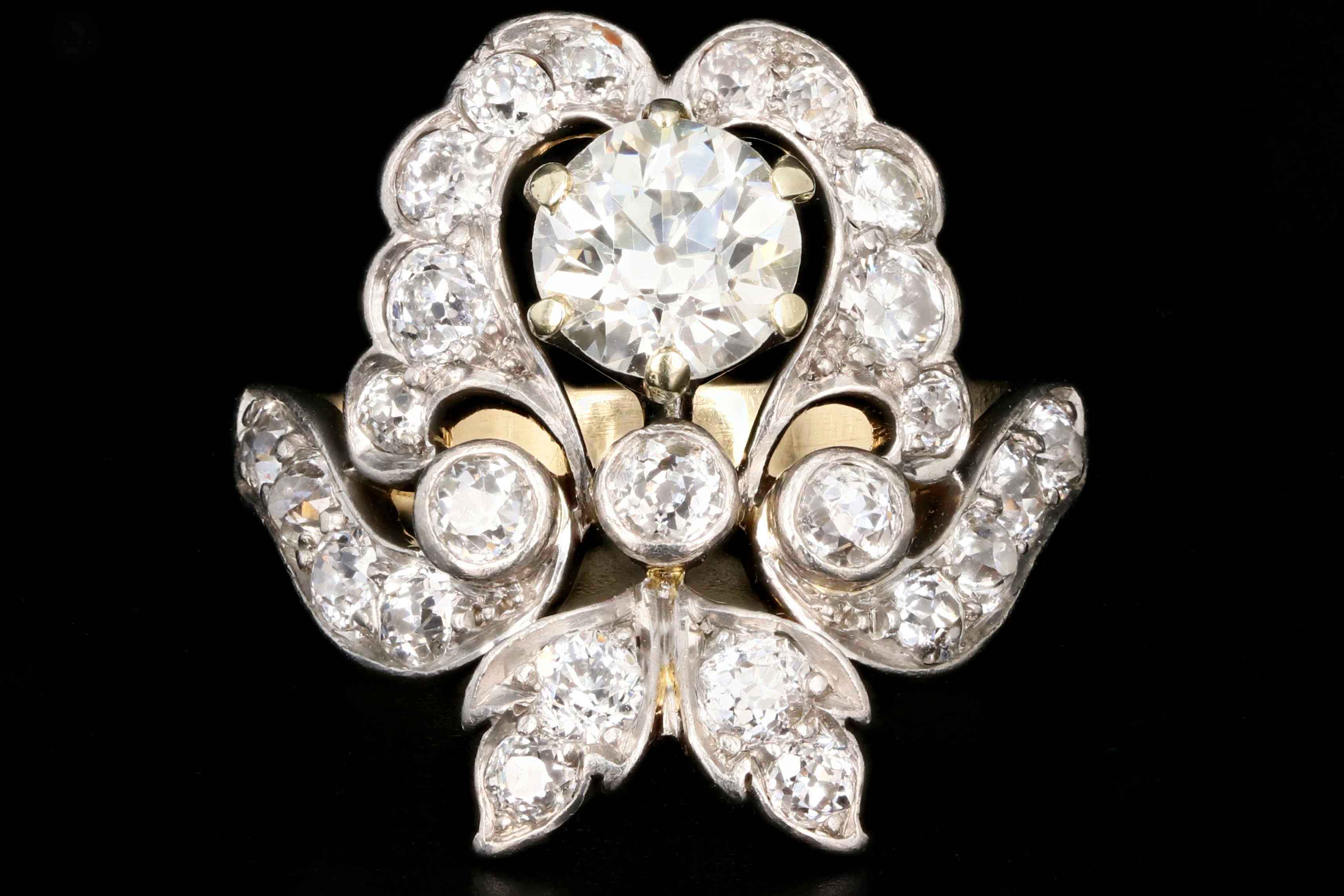 Edwardian 14K Yellow Gold and Platinum Top .87 Carats Old European Cut Diamond Ring - Queen May