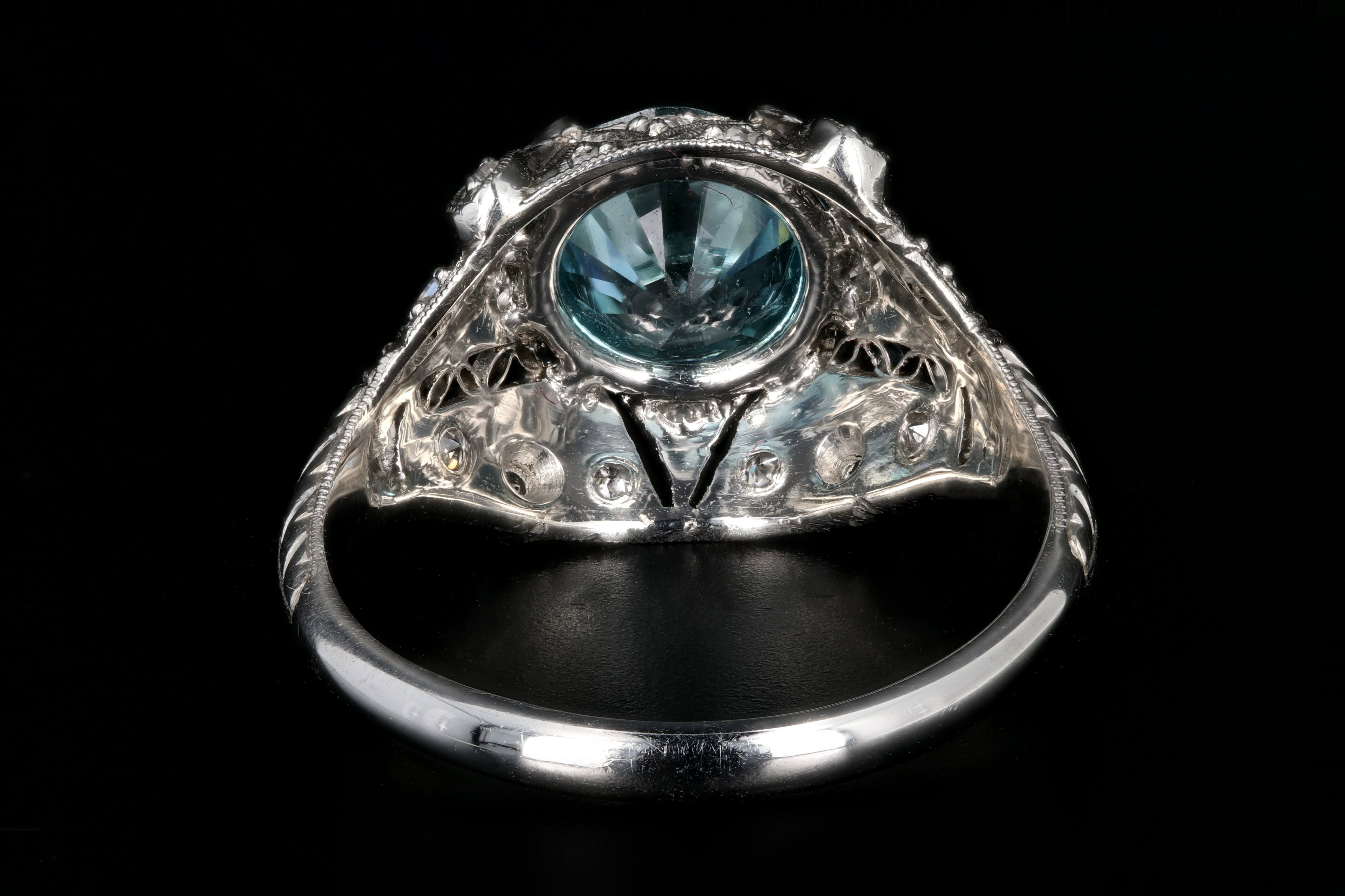 Art Deco Platinum 2.1CT Blue Zircon and Diamond Ring - Queen May