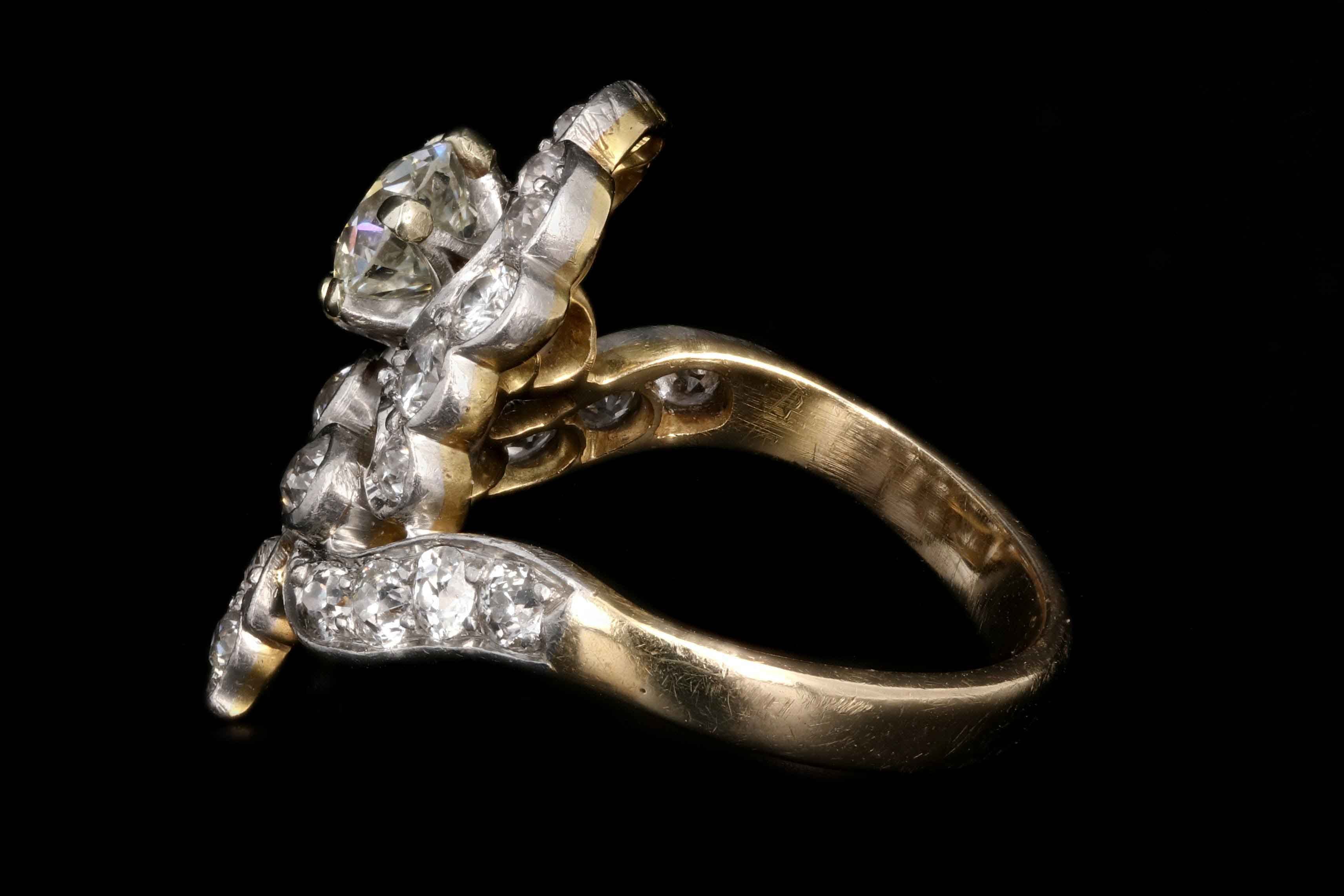 Edwardian 14K Yellow Gold and Platinum Top .87 Carats Old European Cut Diamond Ring - Queen May
