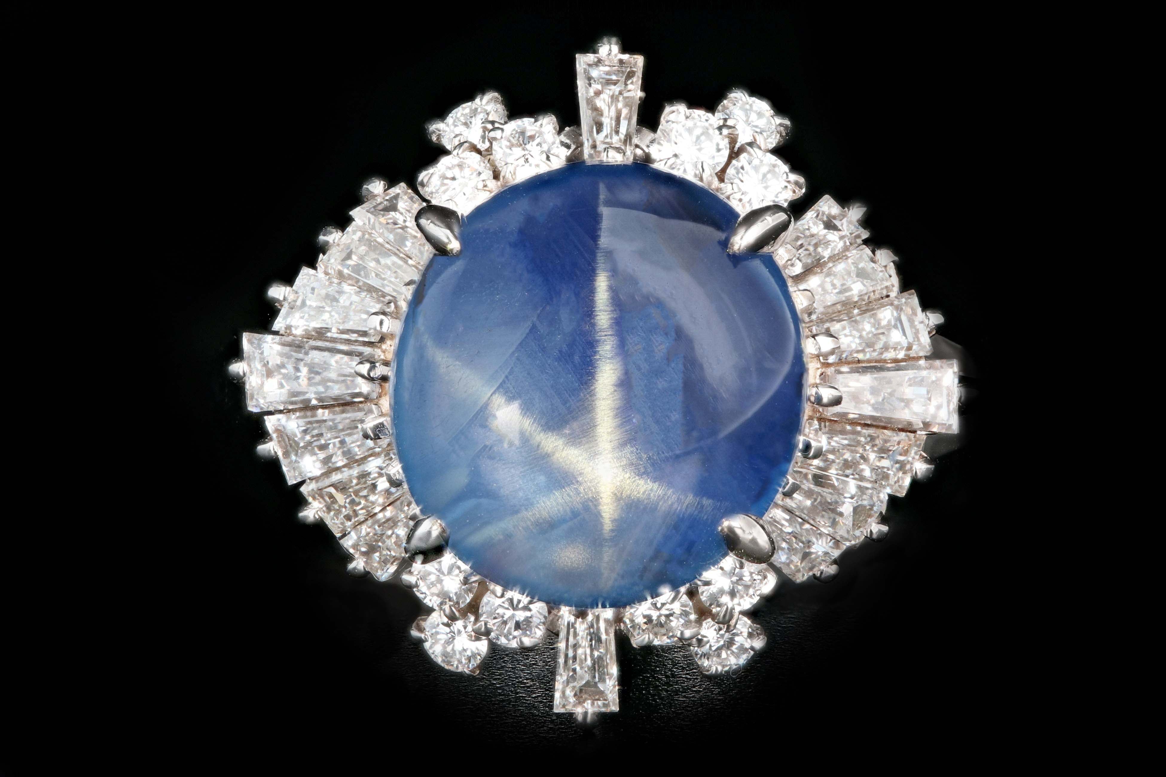 Retro Platinum 7.08 Carat Star Sapphire and Diamond Ring - Queen May